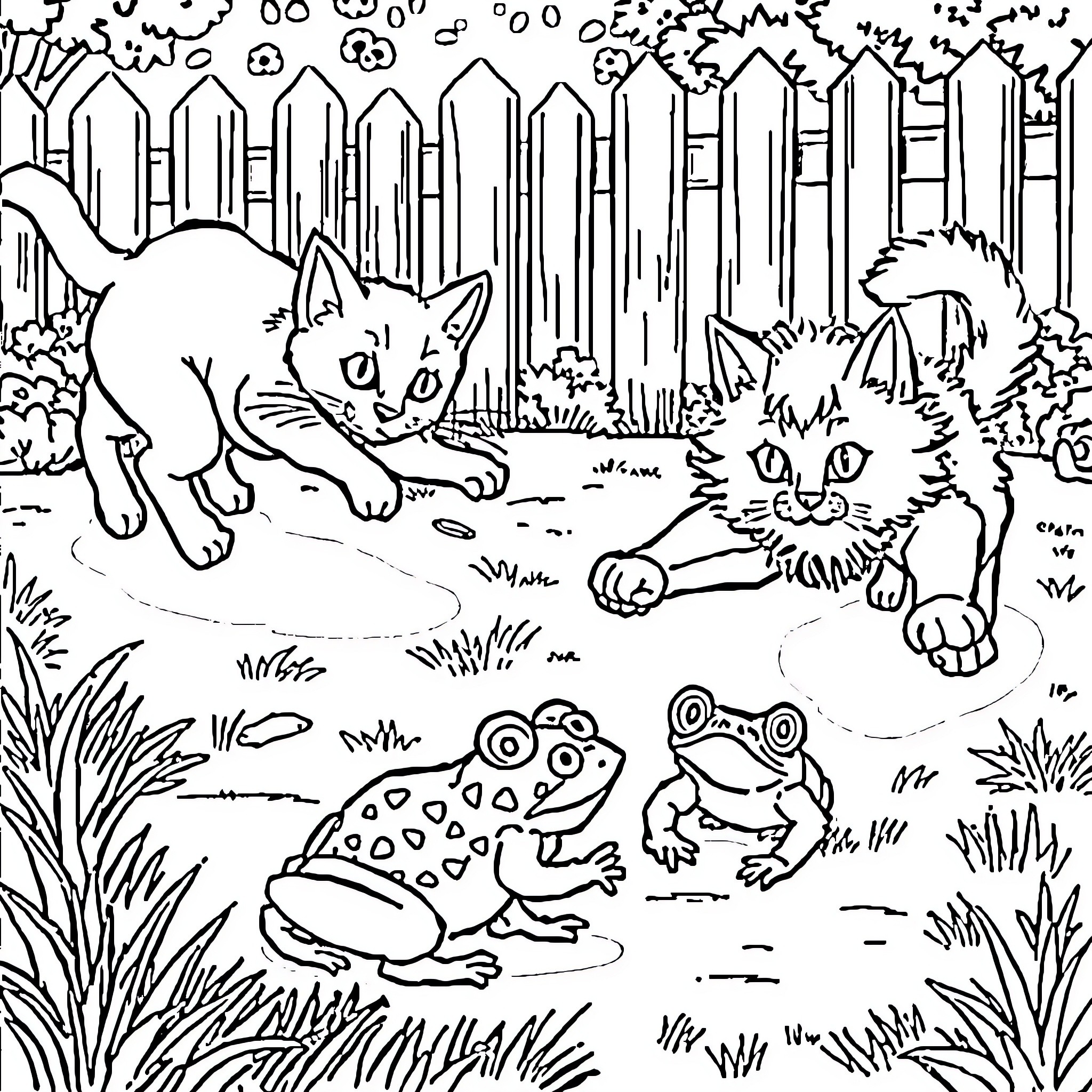 Cat and Friends Explore the Backyard Coloring Page (free black-and-white line drawing printable PDF for all, from beginners to advanced learners, including children, teens, adults, and seniors)