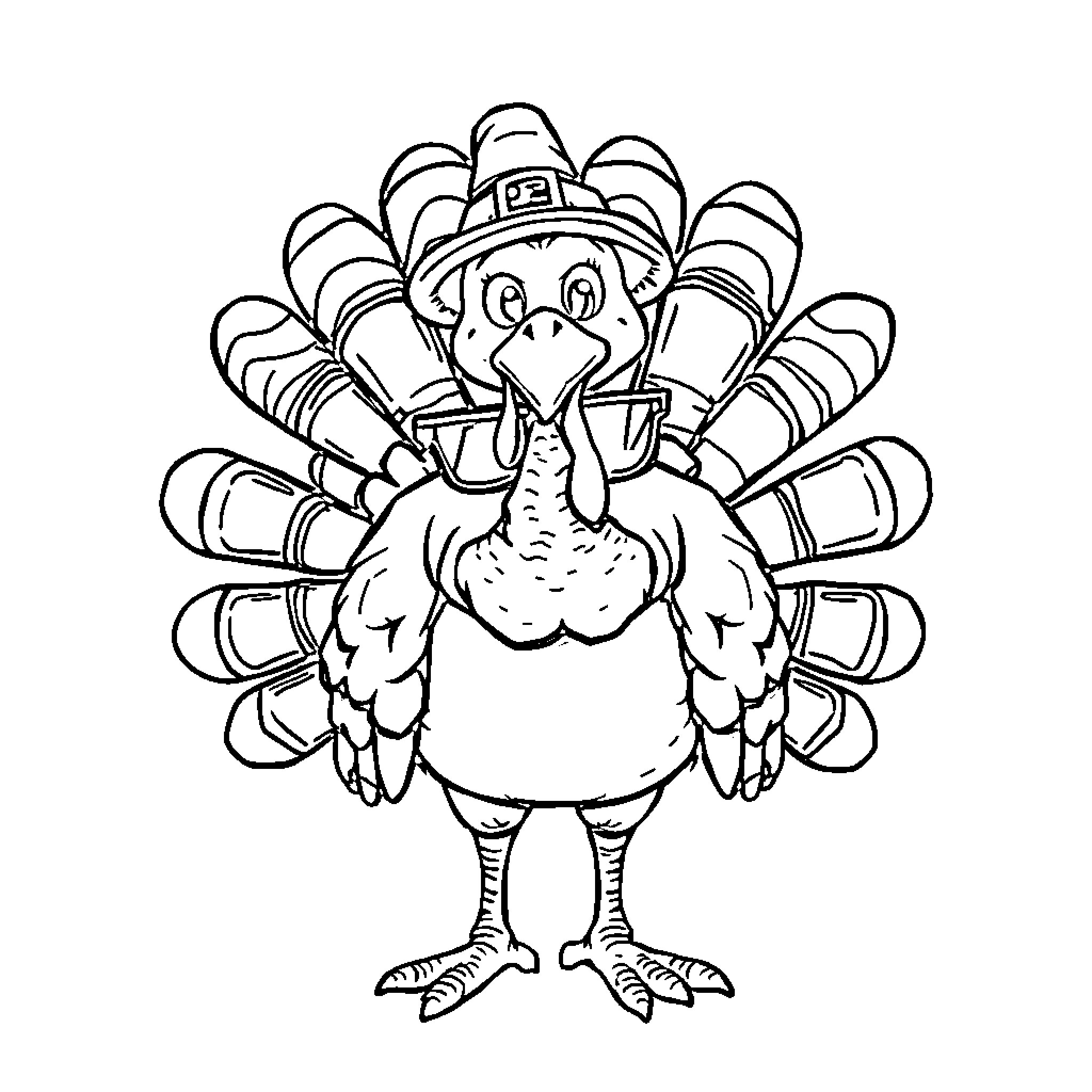 Turkey in a Pilgrim Hat Showing Friendly Expression Coloring Page (free black-and-white line drawing printable PDF for all, from beginners to advanced learners, including children, teens, adults, and seniors)