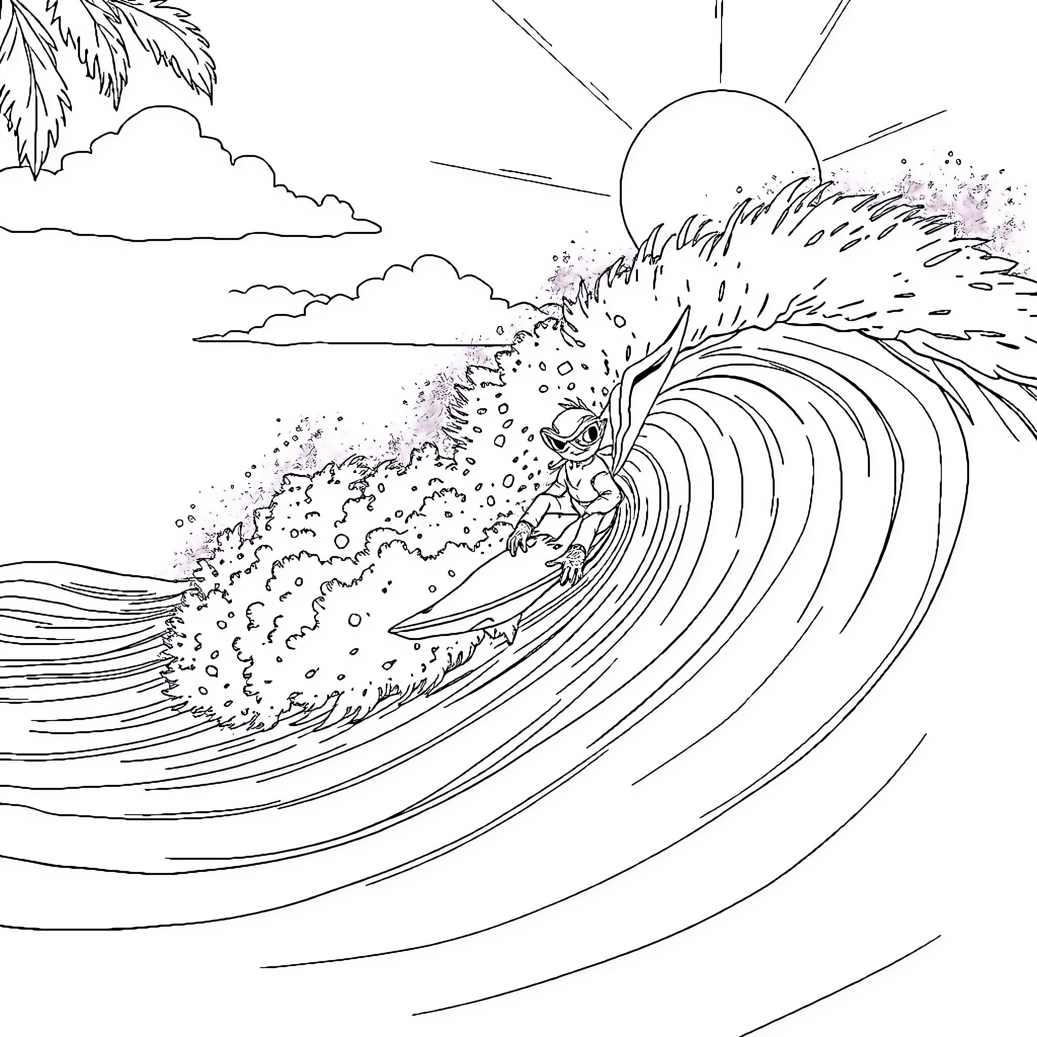 Bluey surfing on giant wave in tropical paradise Coloring Page (free black-and-white line drawing printable PDF for all, from beginners to advanced learners, including children, teens, adults, and seniors)