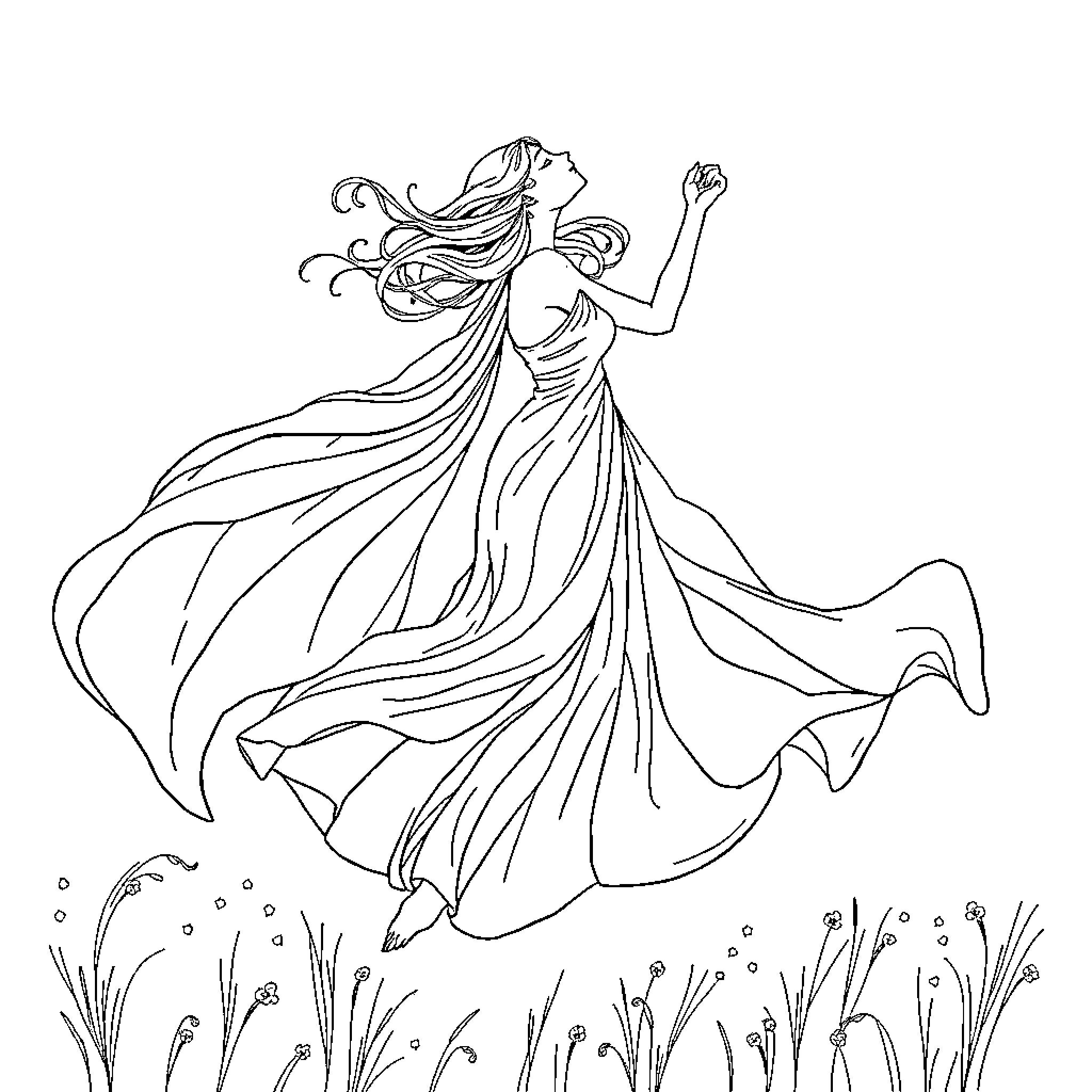 Silk Dancer Gracefully Moves in Flowing Dress Coloring Page (free black-and-white line drawing printable PDF for all, from beginners to advanced learners, including children, teens, adults, and seniors)