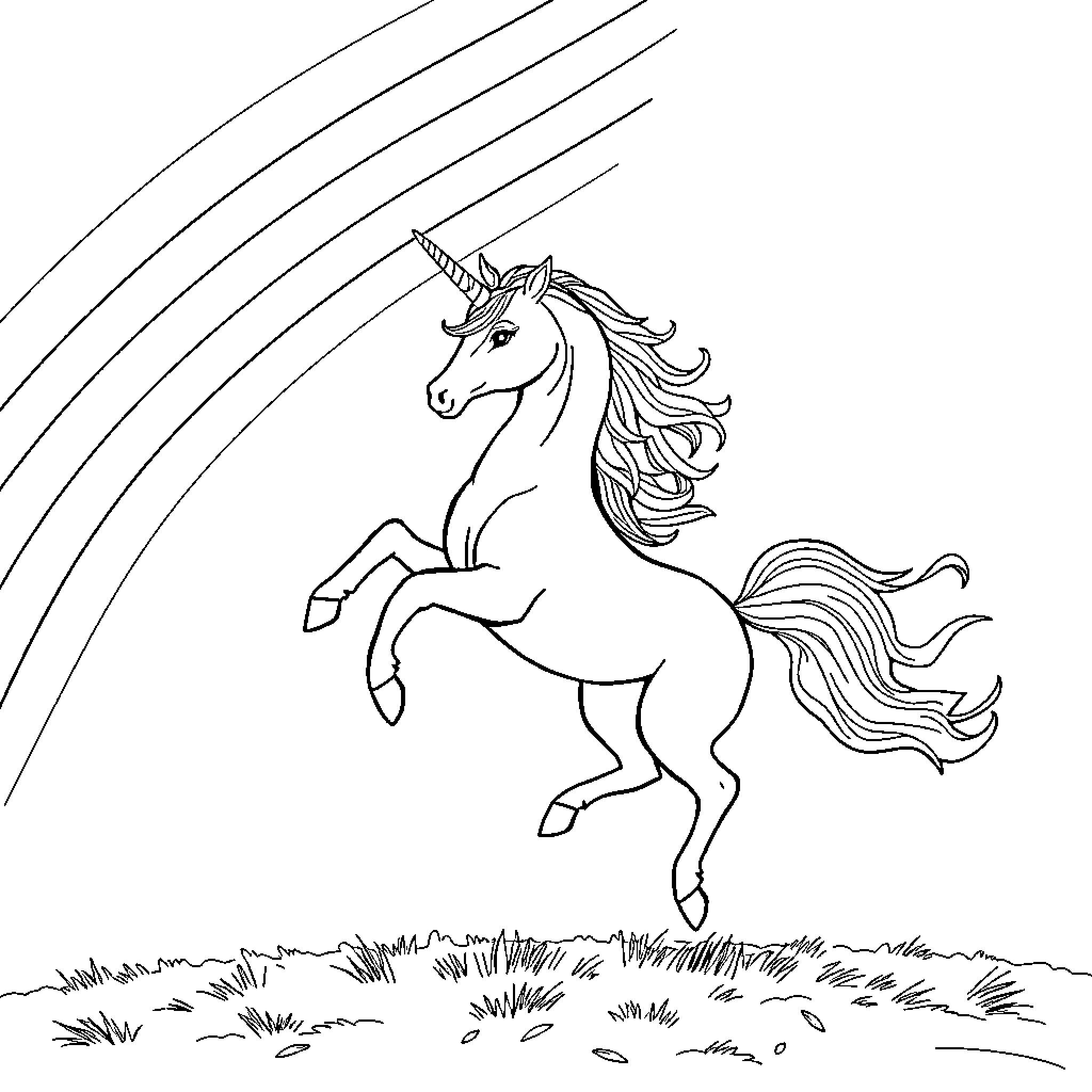 Unicorn galloping through a meadow Coloring Page (free black-and-white line drawing printable PDF for all, from beginners to advanced learners, including children, teens, adults, and seniors)