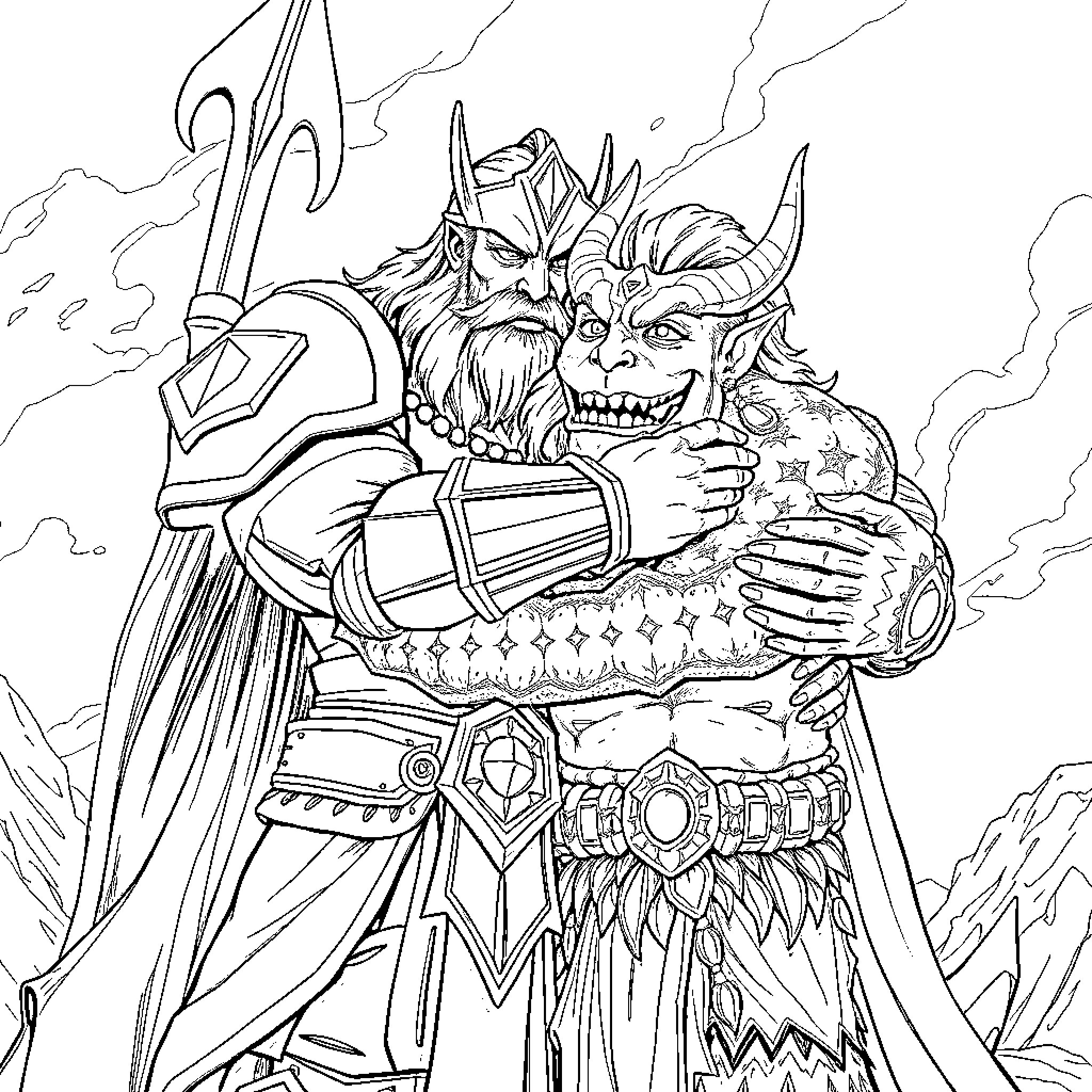 God Emperor's Triumphant Embrace of Chaos Coloring Page (free black-and-white line drawing printable PDF for all, from beginners to advanced learners, including children, teens, adults, and seniors)