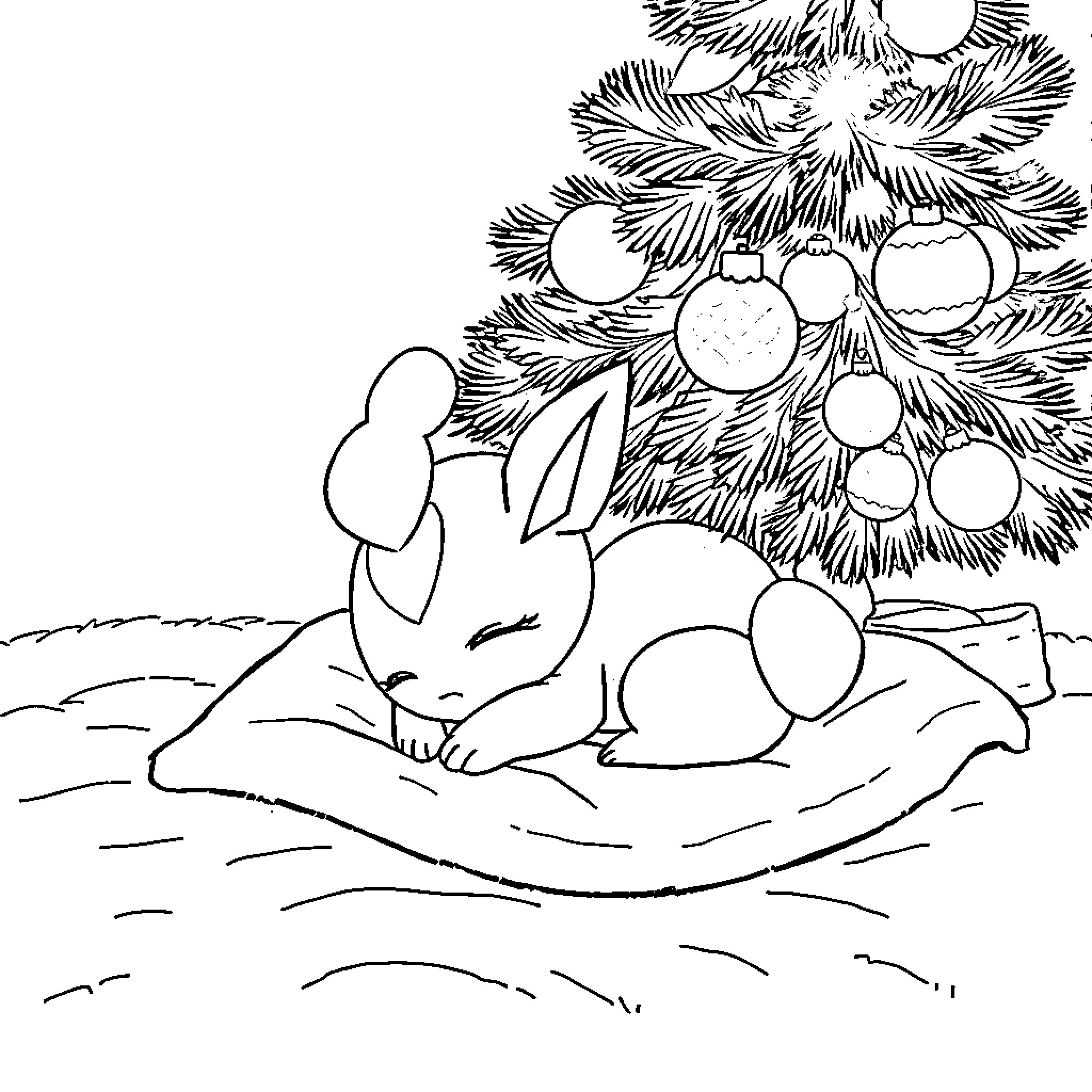 Glumanda resting under the Christmas tree Coloring Page (free black-and-white line drawing printable PDF for all, from beginners to advanced learners, including children, teens, adults, and seniors)