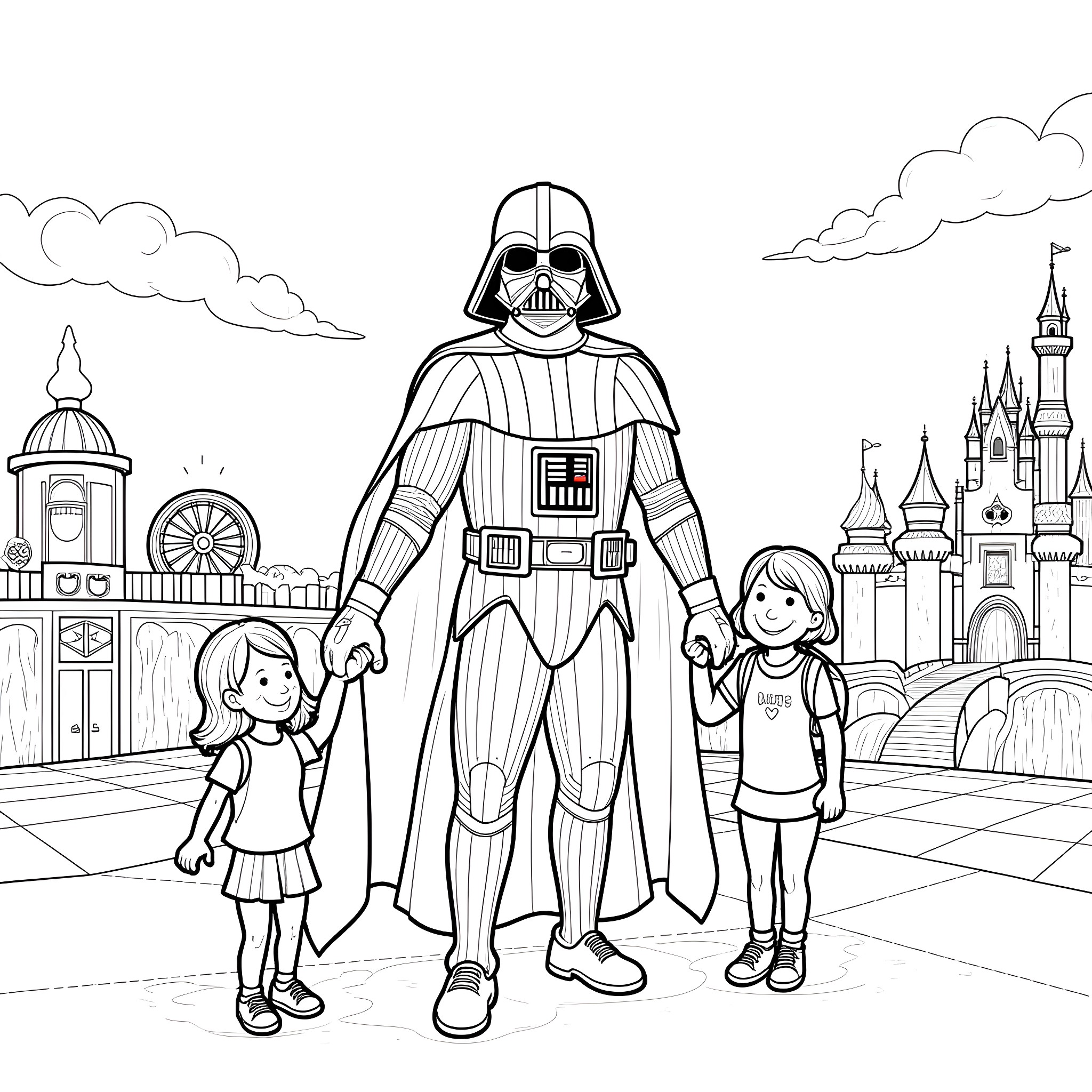 Darth Vader strolling with children in a fantasy kingdom Coloring Page (free black-and-white line drawing printable PDF for all, from beginners to advanced learners, including children, teens, adults, and seniors)