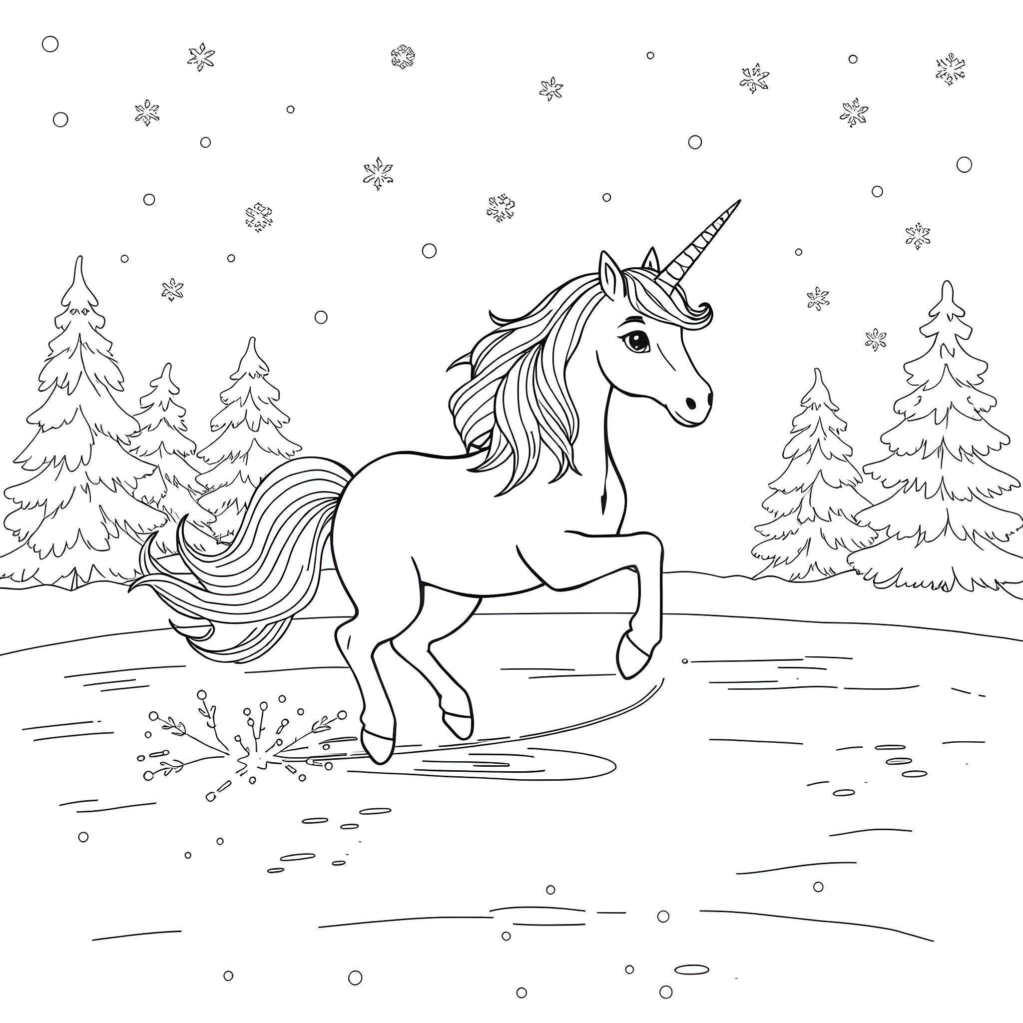 Unicorn in Winter Wonderland Coloring Page (free black-and-white line drawing printable PDF for all, from beginners to advanced learners, including children, teens, adults, and seniors)