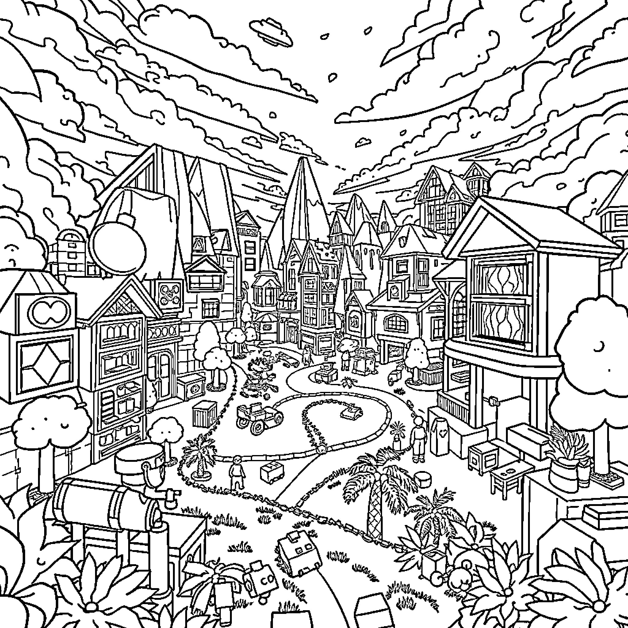 Roblox: Imaginative Town with Whimsical Structures Coloring Page (free black-and-white line drawing printable PDF for all, from beginners to advanced learners, including children, teens, adults, and seniors)