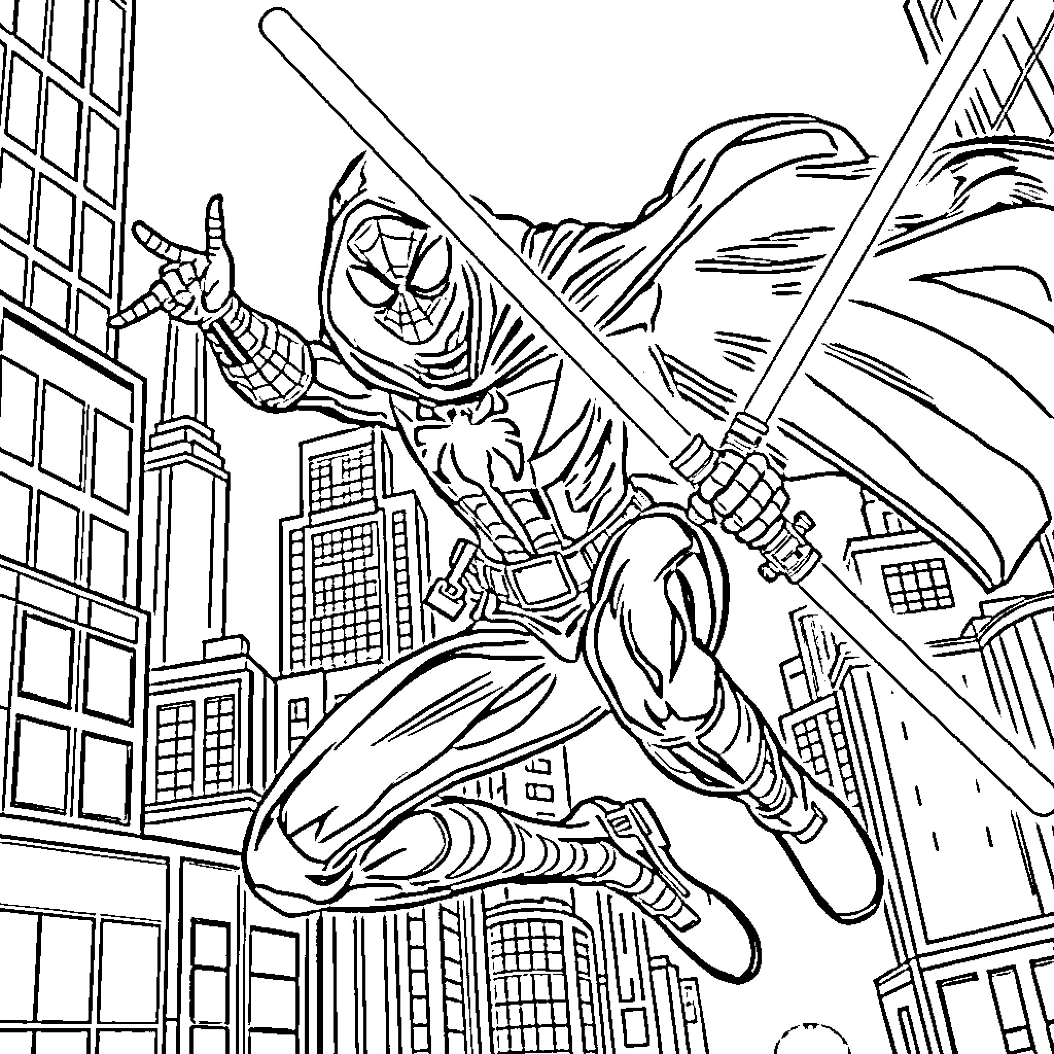 Spiderman leaping through the city in action pose Coloring Page (free black-and-white line drawing printable PDF for all, from beginners to advanced learners, including children, teens, adults, and seniors)