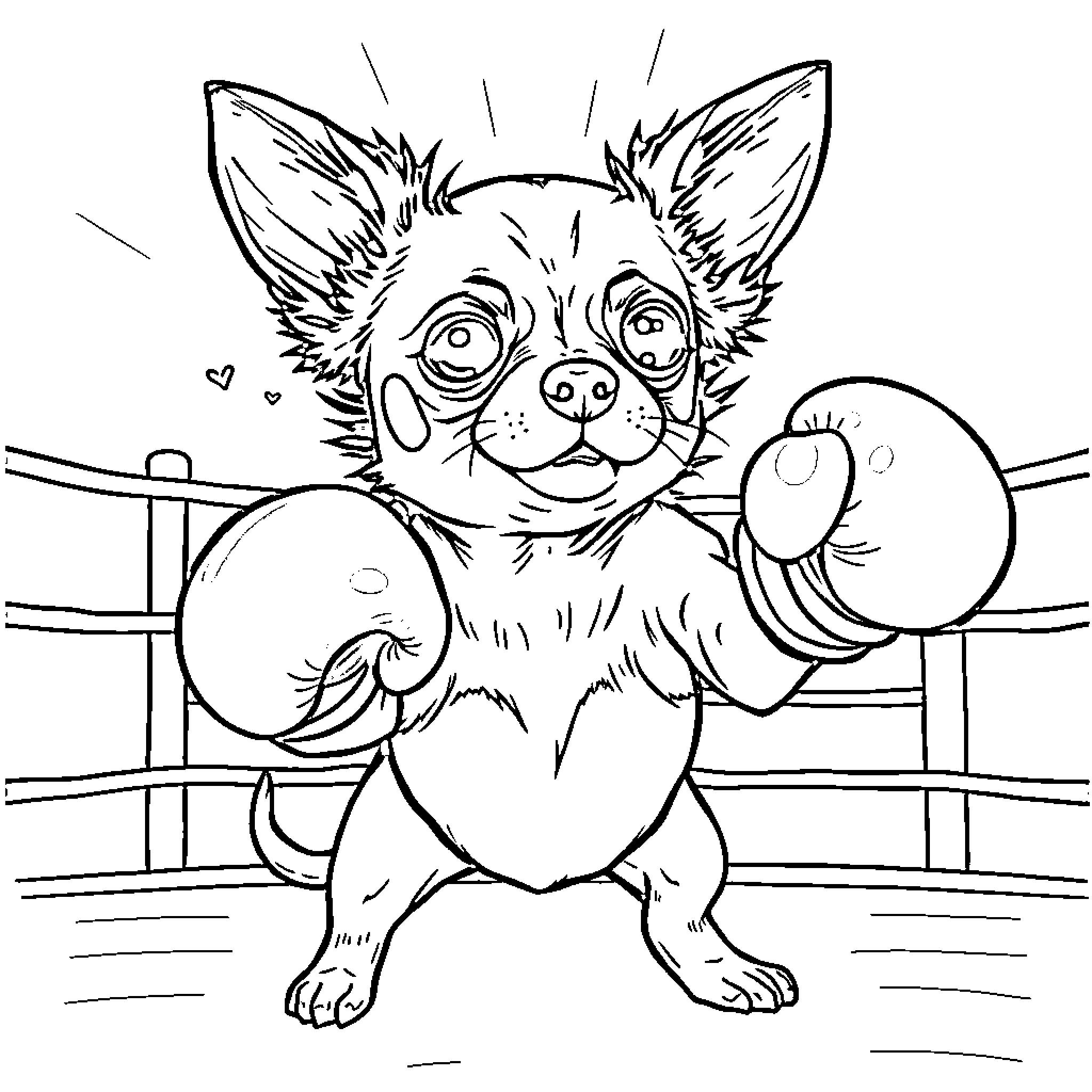 Chihuahua excitedly posing in the boxing ring Coloring Page (free black-and-white line drawing printable PDF for all, from beginners to advanced learners, including children, teens, adults, and seniors)