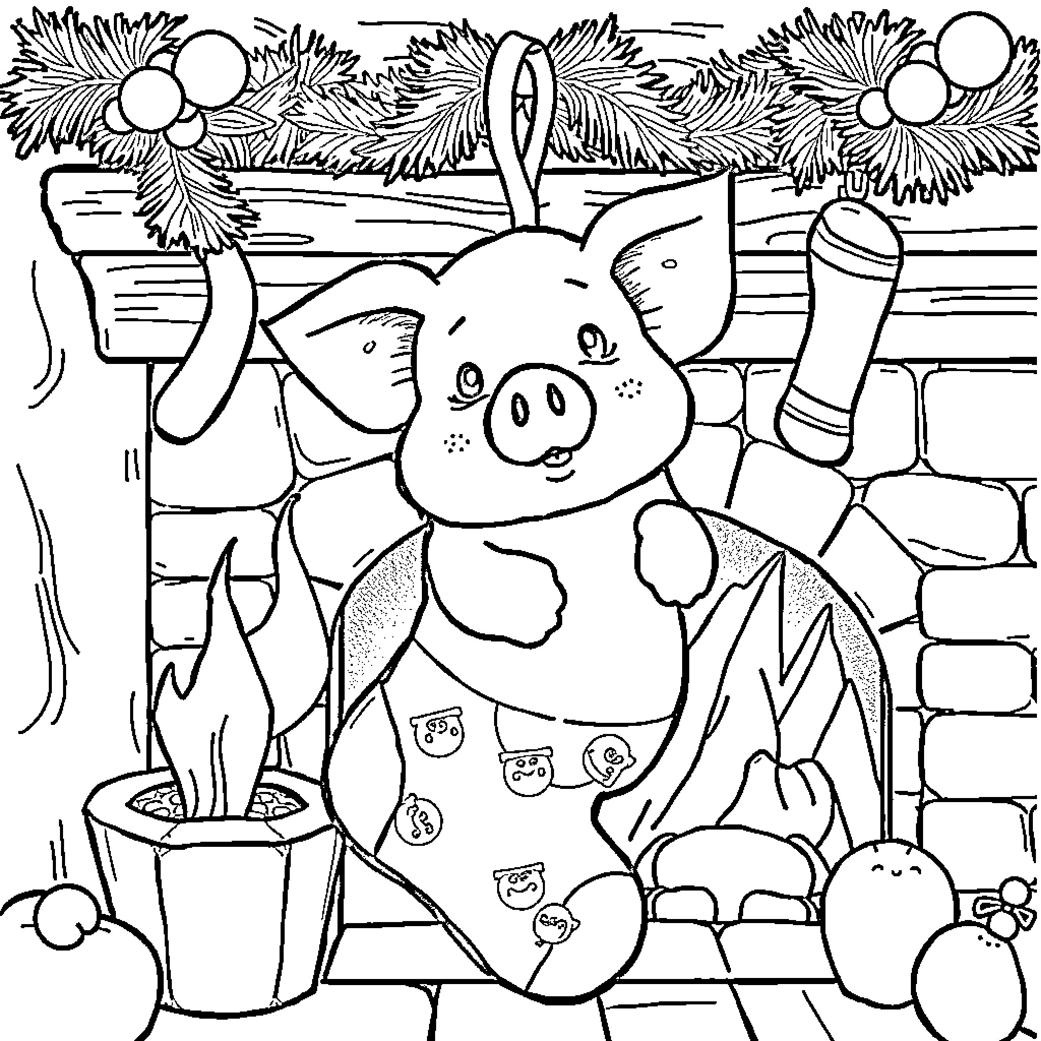 Pig playing in a festive winter scene Coloring Page (free black-and-white line drawing printable PDF for all, from beginners to advanced learners, including children, teens, adults, and seniors)