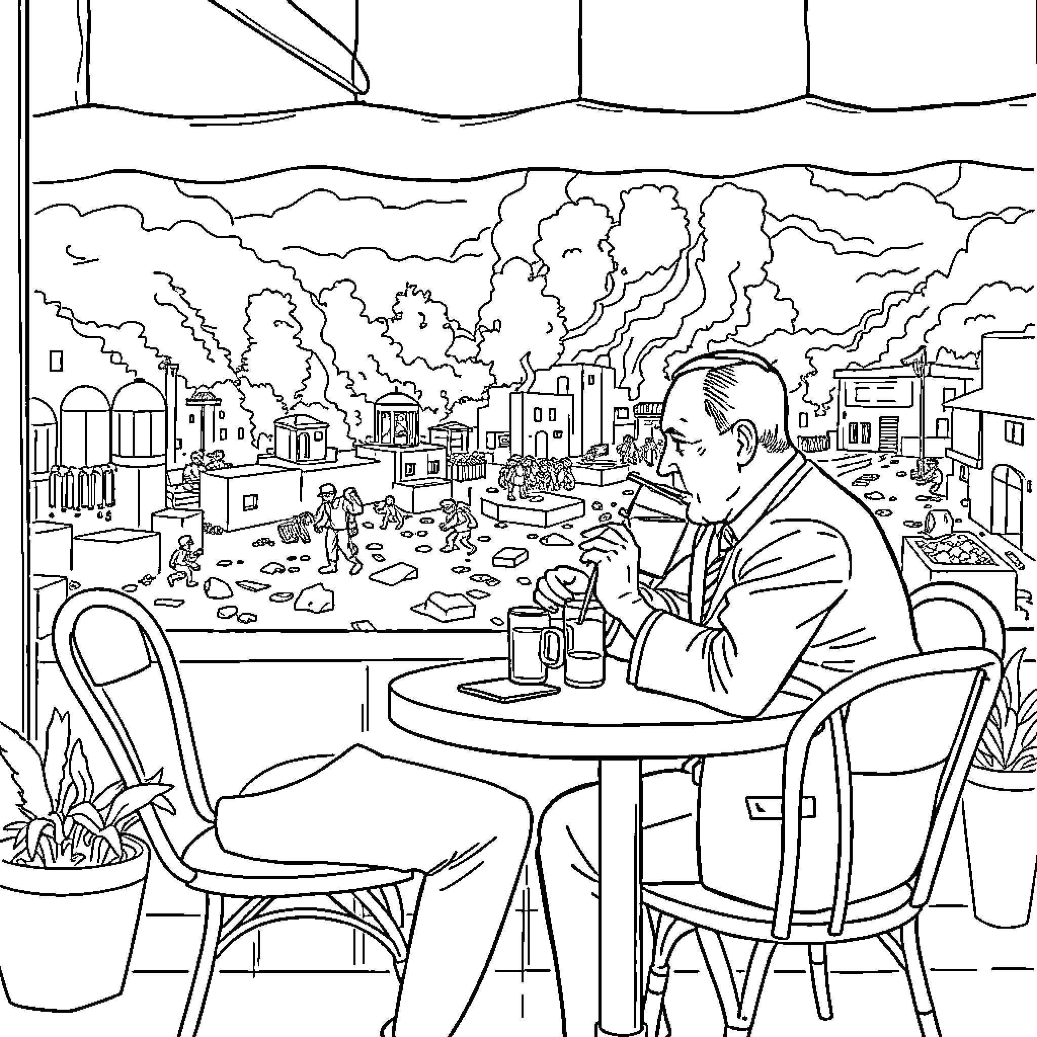 Netanyahu contemplating the turbulent city from a cafe Coloring Page (free black-and-white line drawing printable PDF for all, from beginners to advanced learners, including children, teens, adults, and seniors)