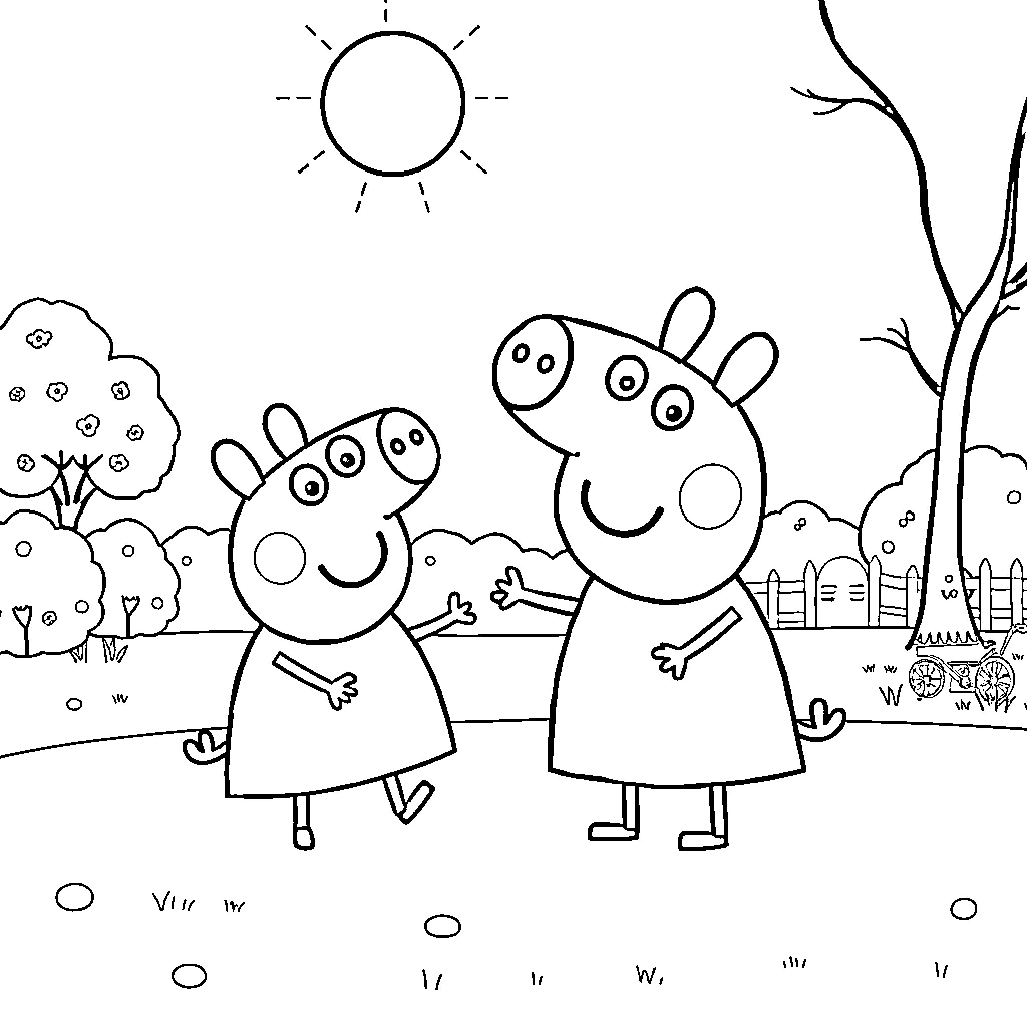 Bluey and friends exploring the outdoors Coloring Page (free black-and-white line drawing printable PDF for all, from beginners to advanced learners, including children, teens, adults, and seniors)