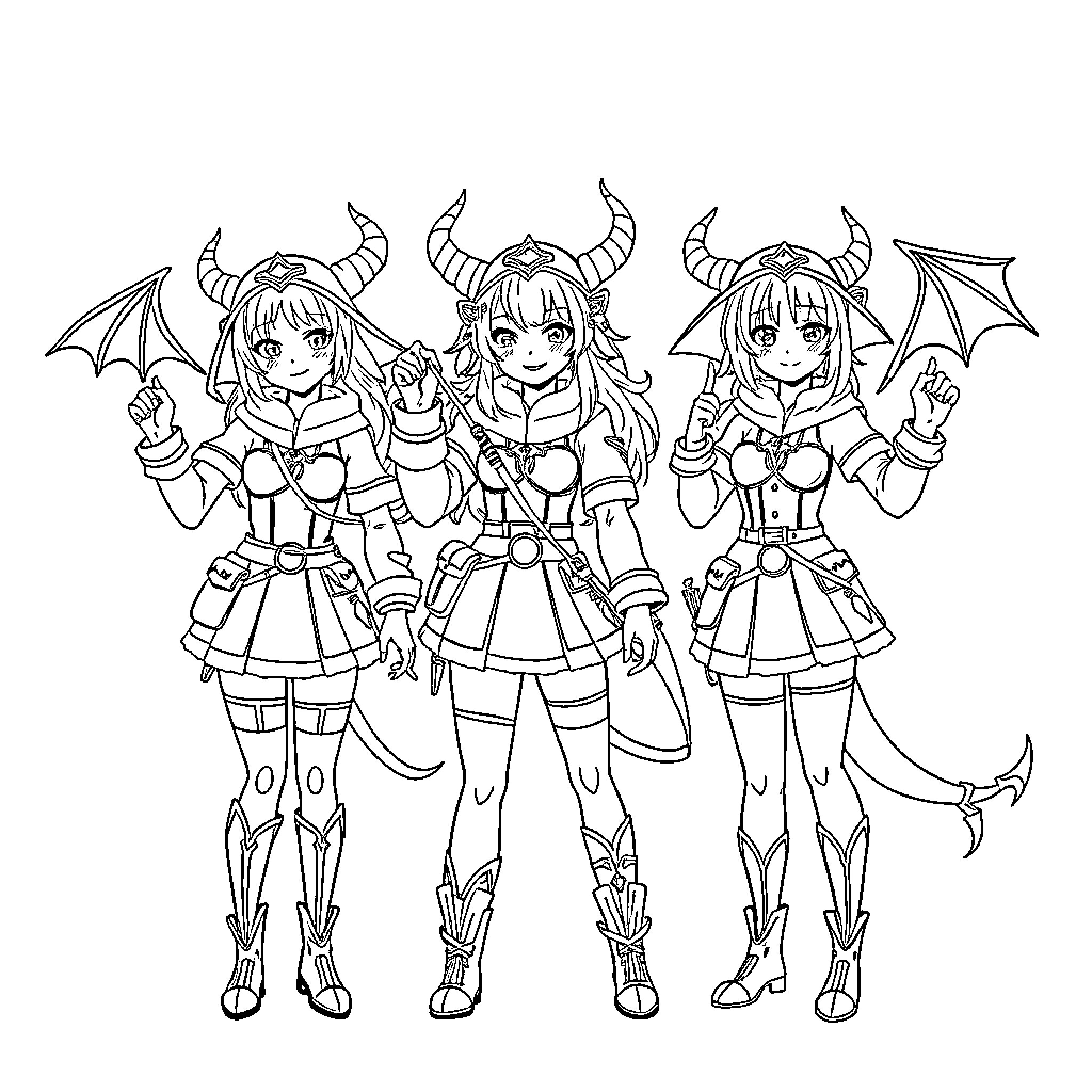 K-POP Demon Hunters in Fierce Poses Coloring Page (free black-and-white line drawing printable PDF for all, from beginners to advanced learners, including children, teens, adults, and seniors)