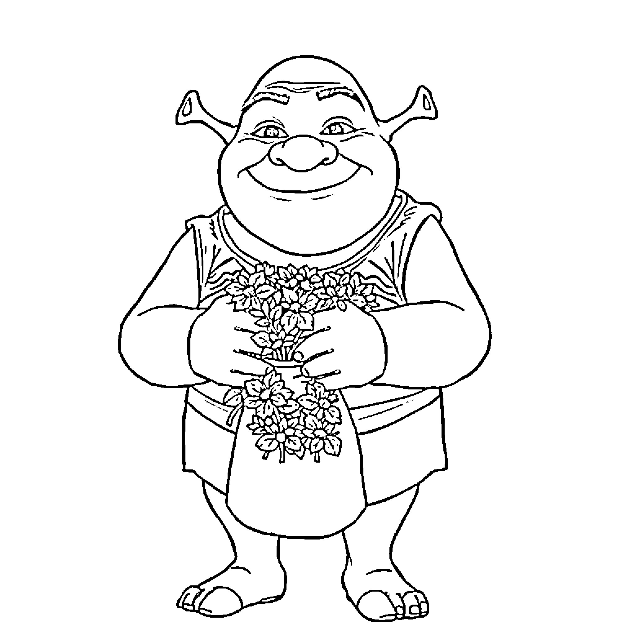Shrek holding a bouquet of flowers Coloring Page (free black-and-white line drawing printable PDF for all, from beginners to advanced learners, including children, teens, adults, and seniors)