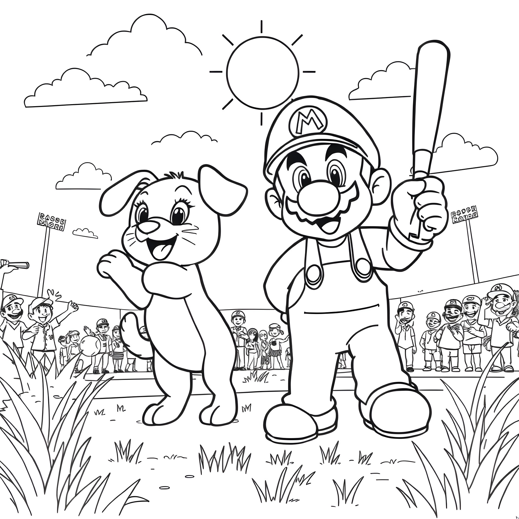 Bluey and Mario have fun at the baseball game Coloring Page (free black-and-white line drawing printable PDF for all, from beginners to advanced learners, including children, teens, adults, and seniors)