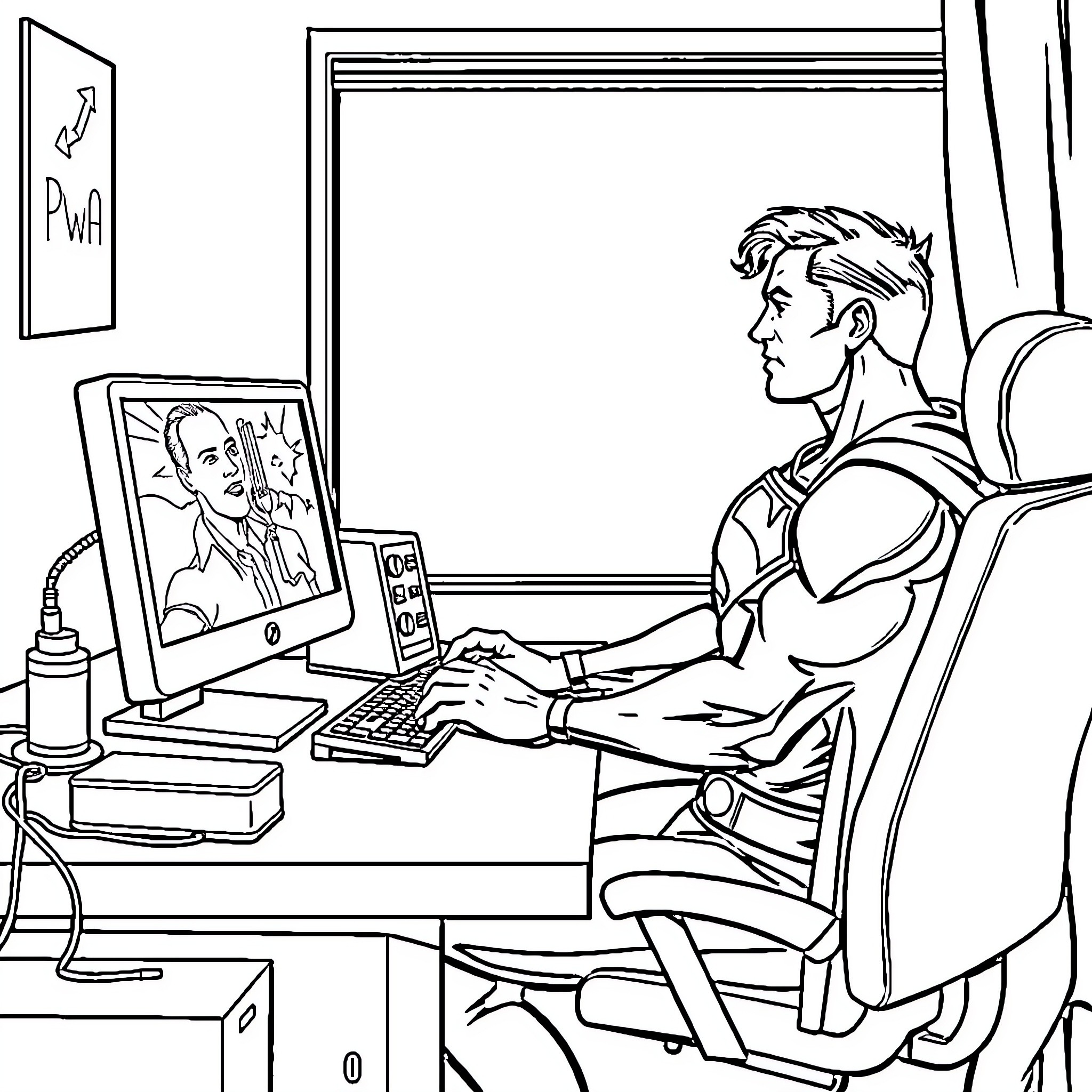 Superman working diligently at a computer Coloring Page (free black-and-white line drawing printable PDF for all, from beginners to advanced learners, including children, teens, adults, and seniors)