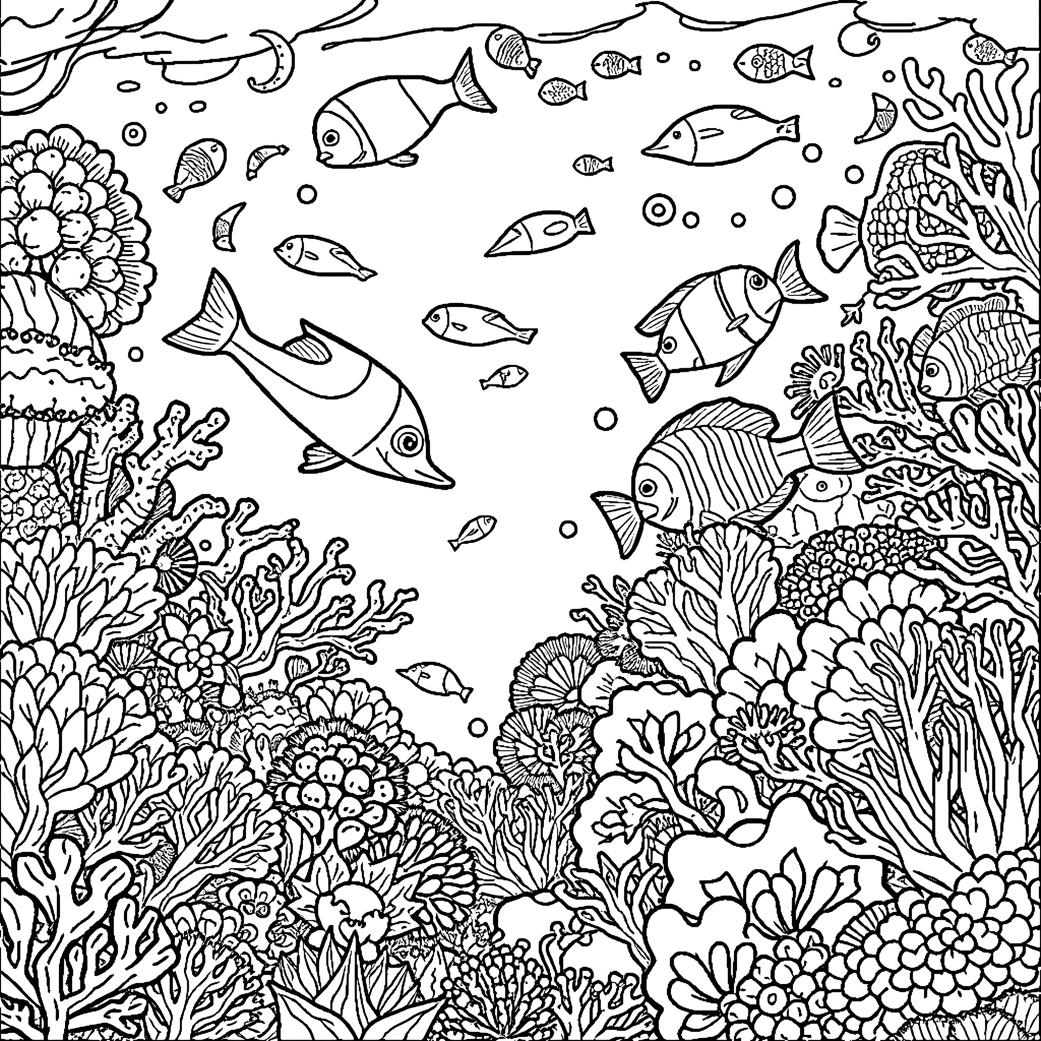 Sea Creature Underwater Exploration Coloring Page (free black-and-white line drawing printable PDF for all, from beginners to advanced learners, including children, teens, adults, and seniors)