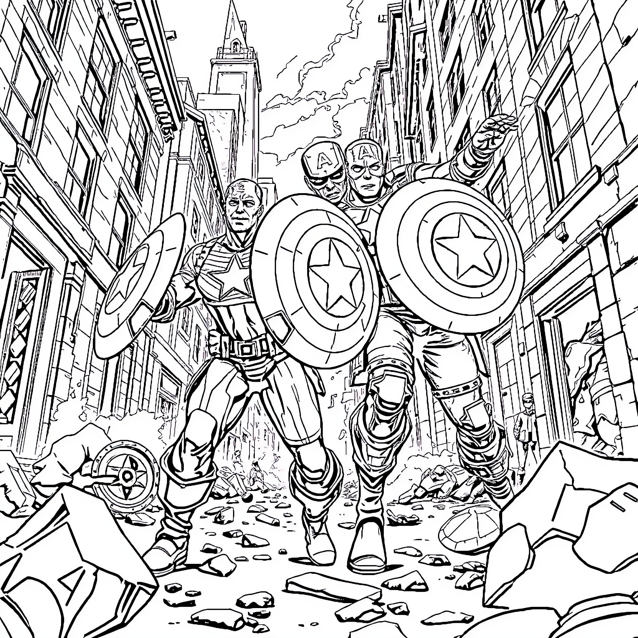 Captain America Leads Heroic Charge Through Ruined City Coloring Page (free black-and-white line drawing printable PDF for all, from beginners to advanced learners, including children, teens, adults, and seniors)