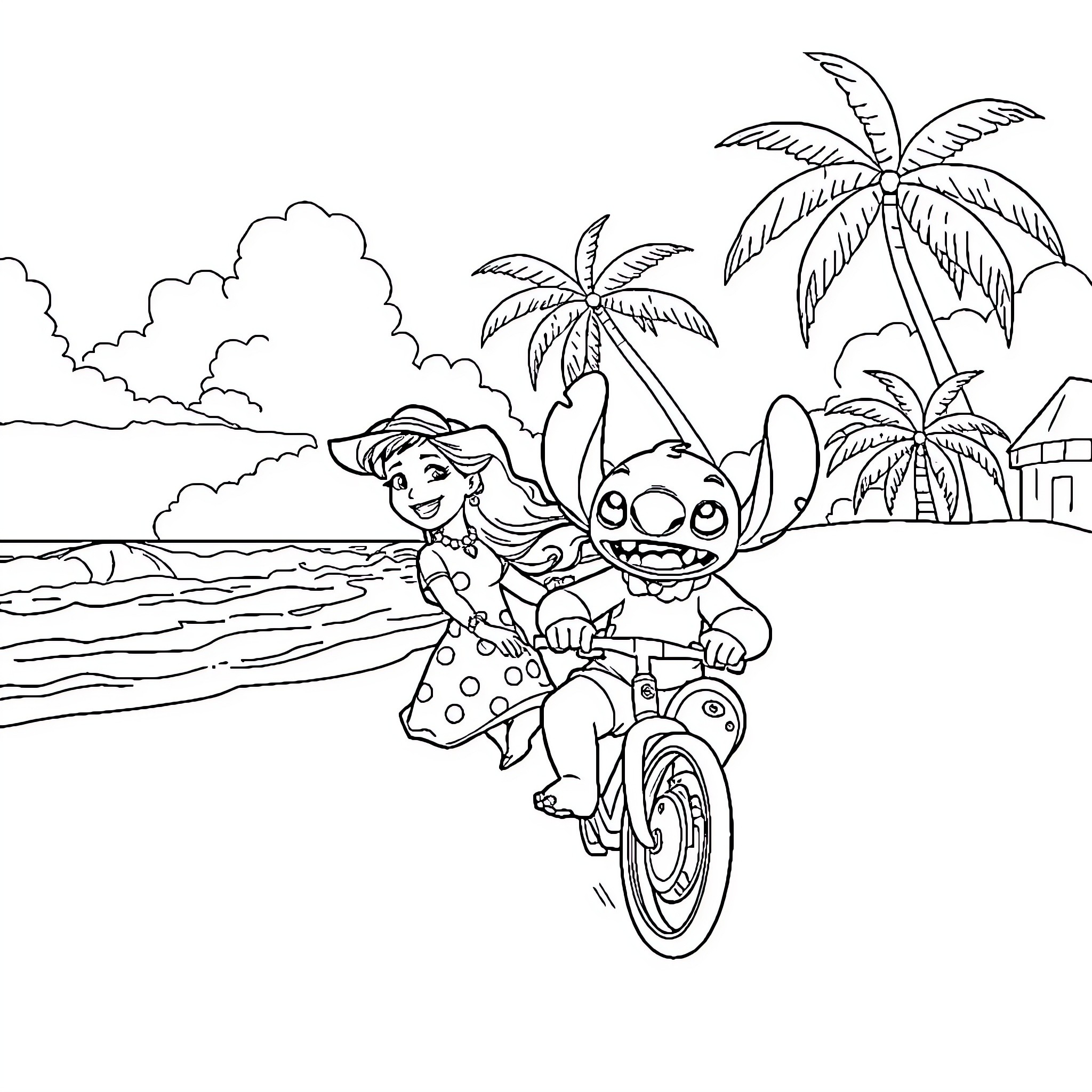 Lilo and Stitch enjoying a beachside adventure Coloring Page (free black-and-white line drawing printable PDF for all, from beginners to advanced learners, including children, teens, adults, and seniors)