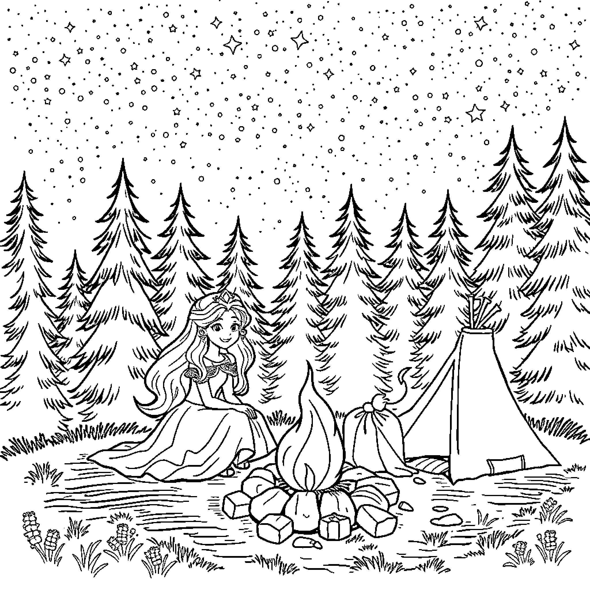 Princess Camping in the Enchanted Forest Coloring Page (free black-and-white line drawing printable PDF for all, from beginners to advanced learners, including children, teens, adults, and seniors)