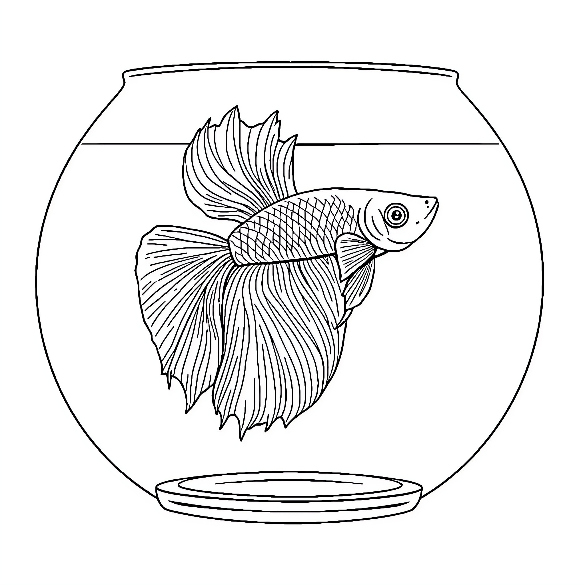 Fighter Betta swimming gracefully in an aquarium Coloring Page (free black-and-white line drawing printable PDF for all, from beginners to advanced learners, including children, teens, adults, and seniors)