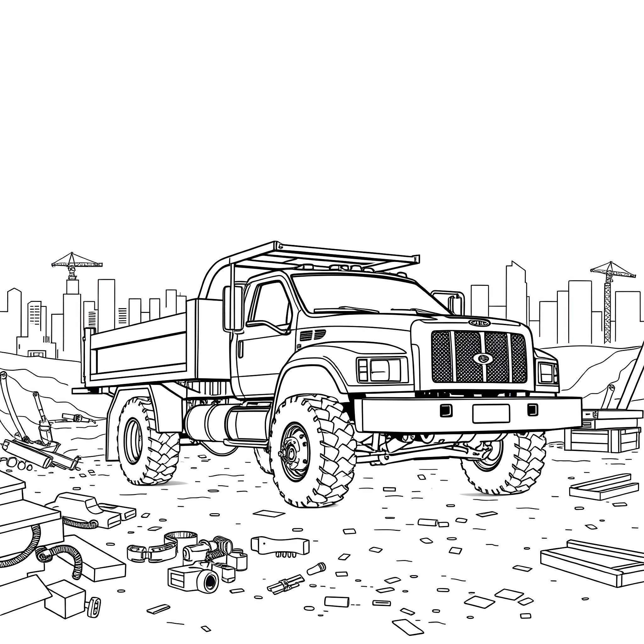 Truck carrying construction materials on site Coloring Page (free black-and-white line drawing printable PDF for all, from beginners to advanced learners, including children, teens, adults, and seniors)