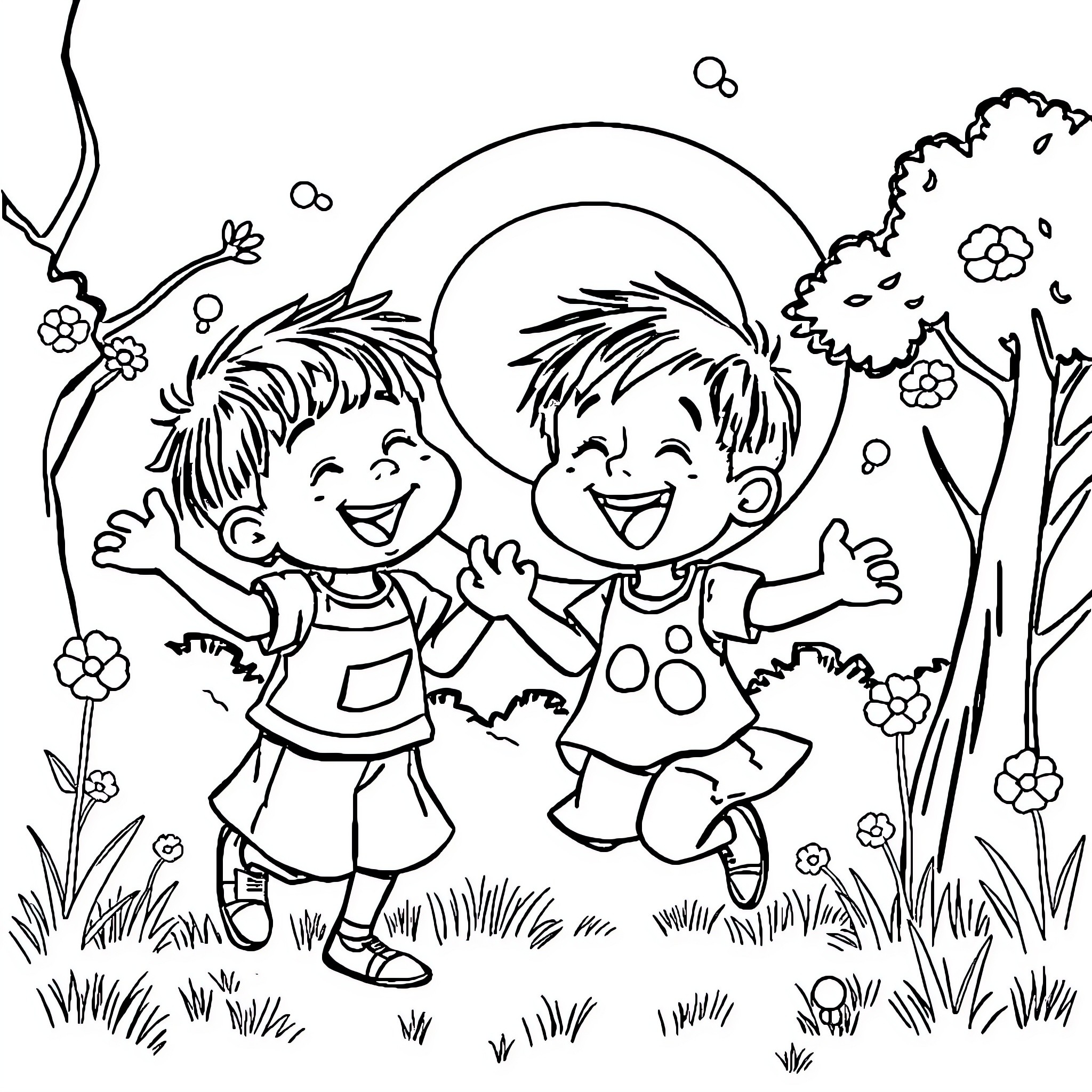 Children playing happily in a nature scene Coloring Page (free black-and-white line drawing printable PDF for all, from beginners to advanced learners, including children, teens, adults, and seniors)