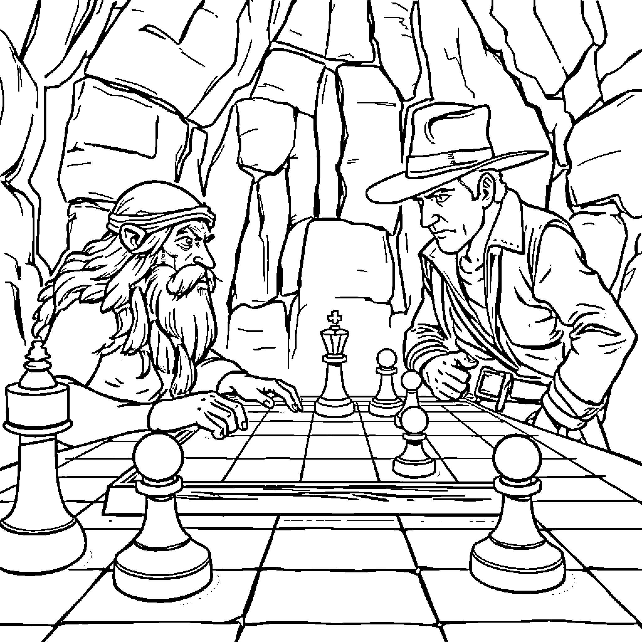 Ludo: Wizards in a Chess Duel Coloring Page (free black-and-white line drawing printable PDF for all, from beginners to advanced learners, including children, teens, adults, and seniors)