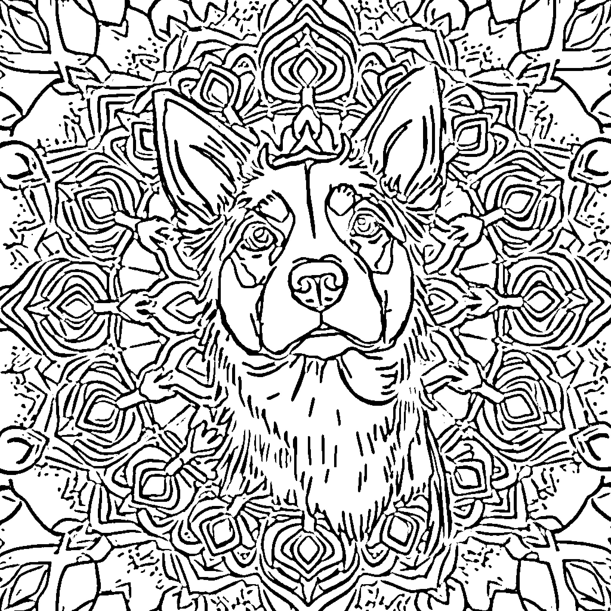 Dog in Intricate Floral Pattern Coloring Page (free black-and-white line drawing printable PDF for all, from beginners to advanced learners, including children, teens, adults, and seniors)