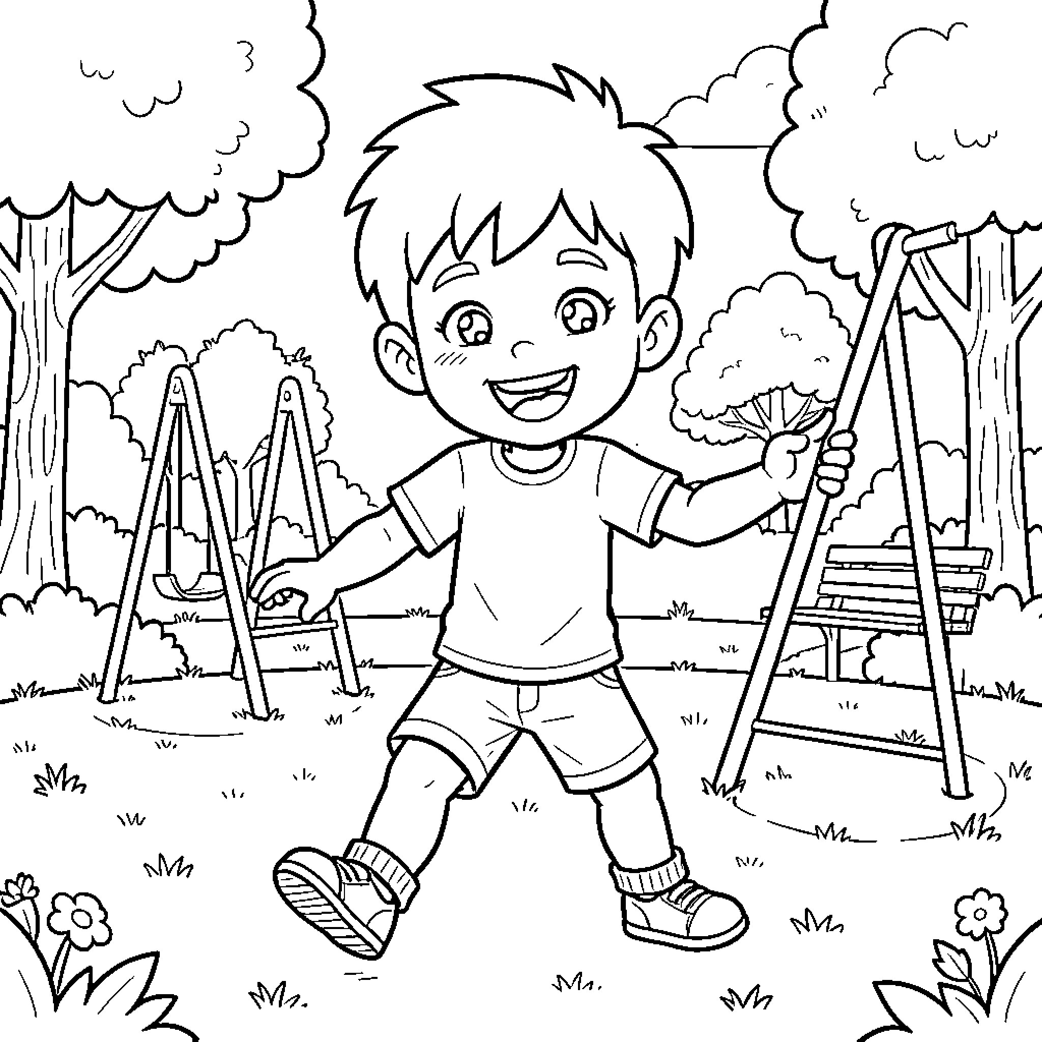 Boy painting outdoors in nature Coloring Page (free black-and-white line drawing printable PDF for all, from beginners to advanced learners, including children, teens, adults, and seniors)
