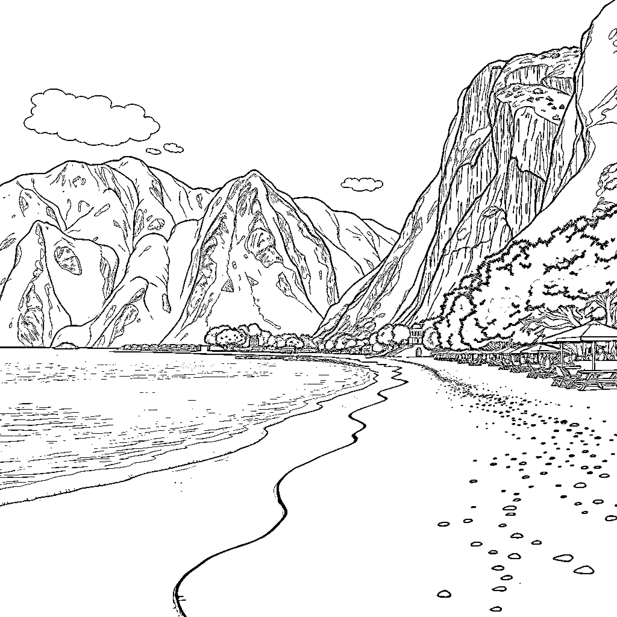 Beach with rocky cliffs and winding coastline Coloring Page (free black-and-white line drawing printable PDF for all, from beginners to advanced learners, including children, teens, adults, and seniors)
