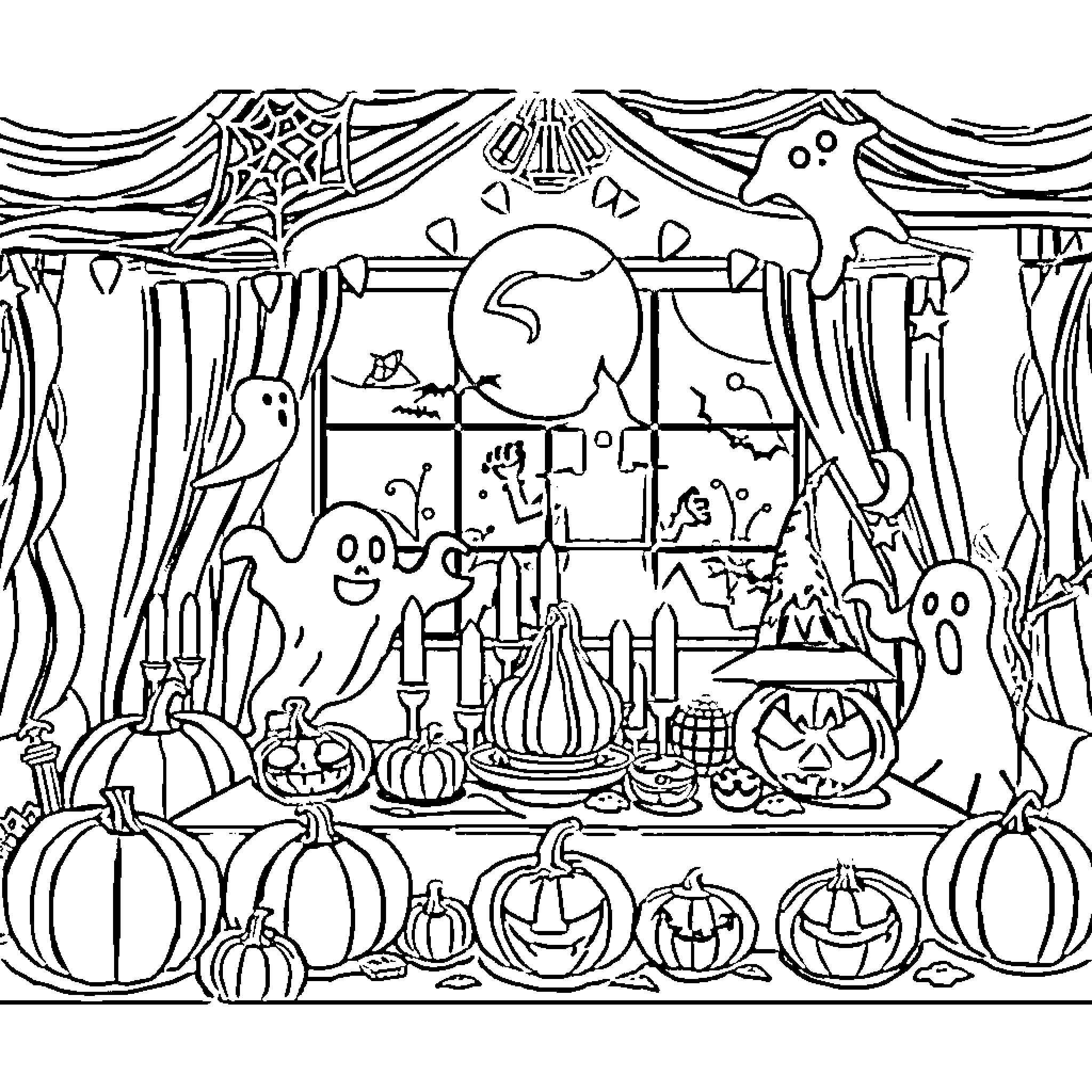 Halloween Spooky Decorations and Cheerful Ghosts Coloring Page (free black-and-white line drawing printable PDF for all, from beginners to advanced learners, including children, teens, adults, and seniors)