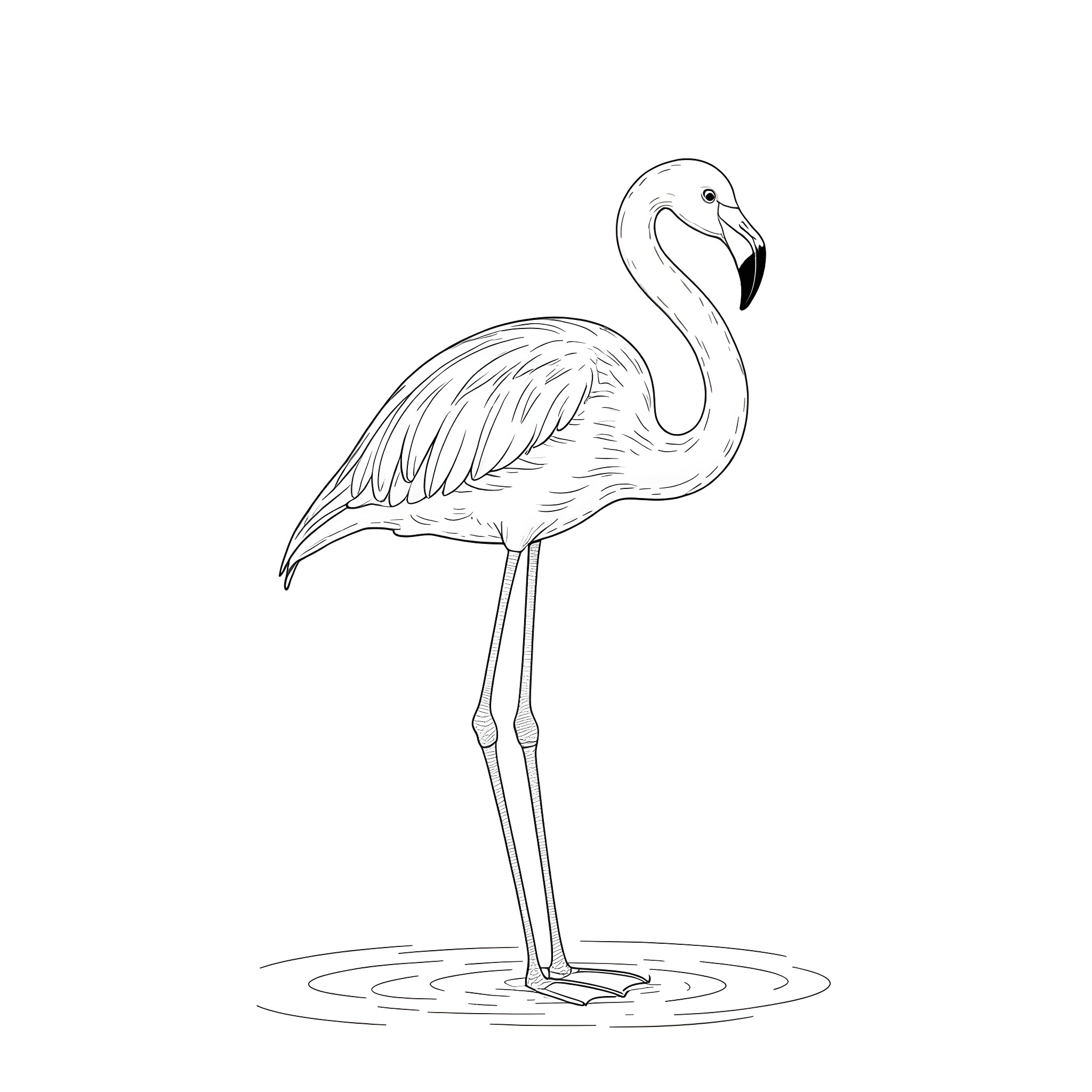 Flamingo standing gracefully in the water Coloring Page (free black-and-white line drawing printable PDF for all, from beginners to advanced learners, including children, teens, adults, and seniors)