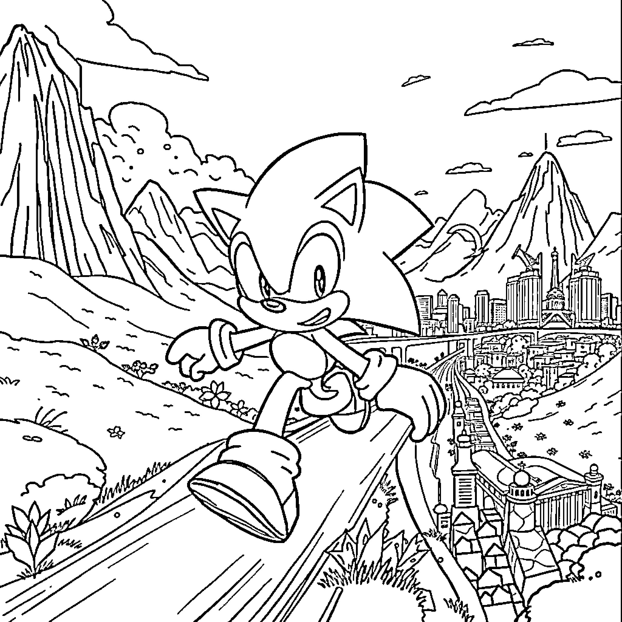 Sonic's High-Speed Adventure Through Scenic Landscapes Coloring Page (free black-and-white line drawing printable PDF for all, from beginners to advanced learners, including children, teens, adults, and seniors)
