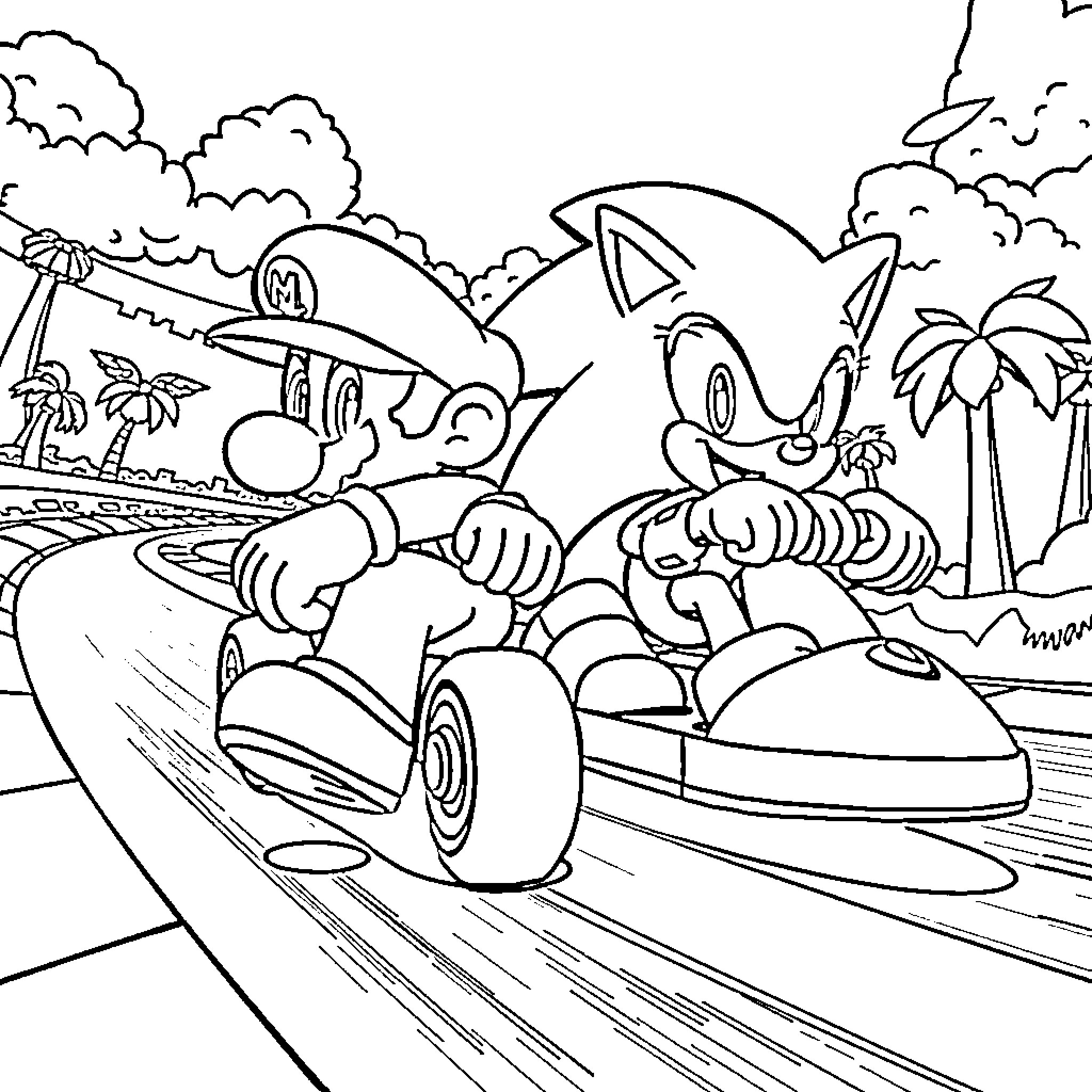 Mario and Sonic racing on the beach Coloring Page (free black-and-white line drawing printable PDF for all, from beginners to advanced learners, including children, teens, adults, and seniors)
