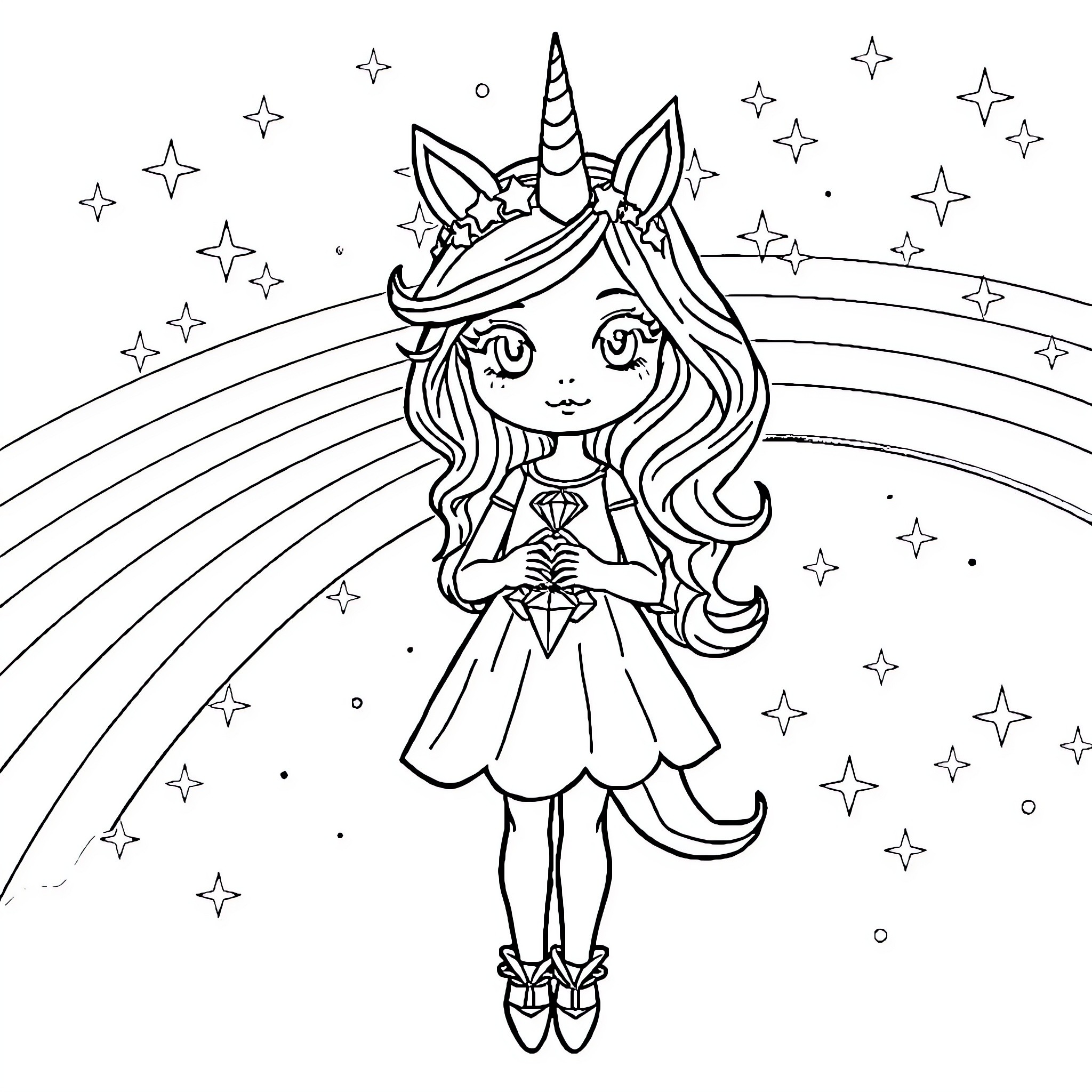 Licorne girl with unicorn horn and magical rainbow Coloring Page (free black-and-white line drawing printable PDF for all, from beginners to advanced learners, including children, teens, adults, and seniors)
