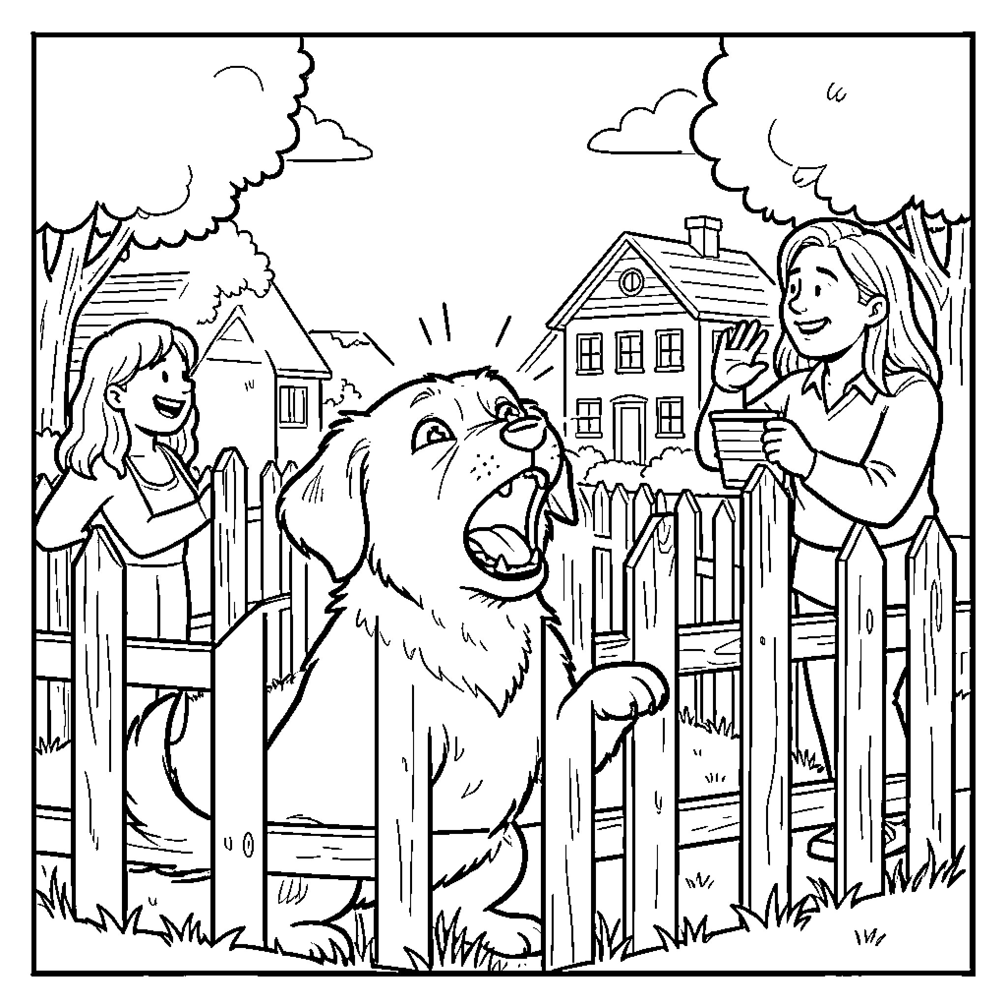 Dog barking excitedly at two girls near a fence Coloring Page (free black-and-white line drawing printable PDF for all, from beginners to advanced learners, including children, teens, adults, and seniors)