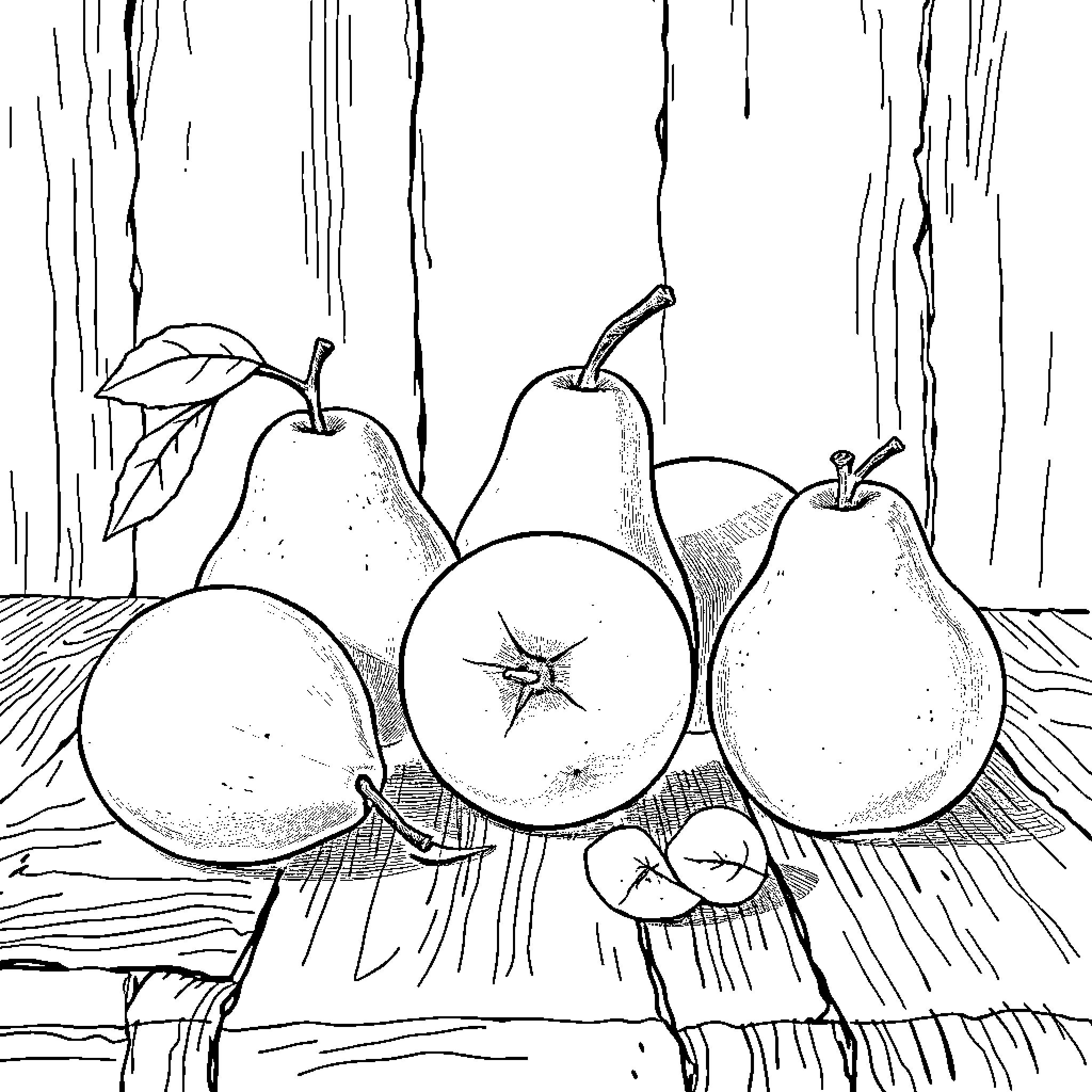 Fruit in Rustic Wooden Setting Coloring Page (free black-and-white line drawing printable PDF for all, from beginners to advanced learners, including children, teens, adults, and seniors)