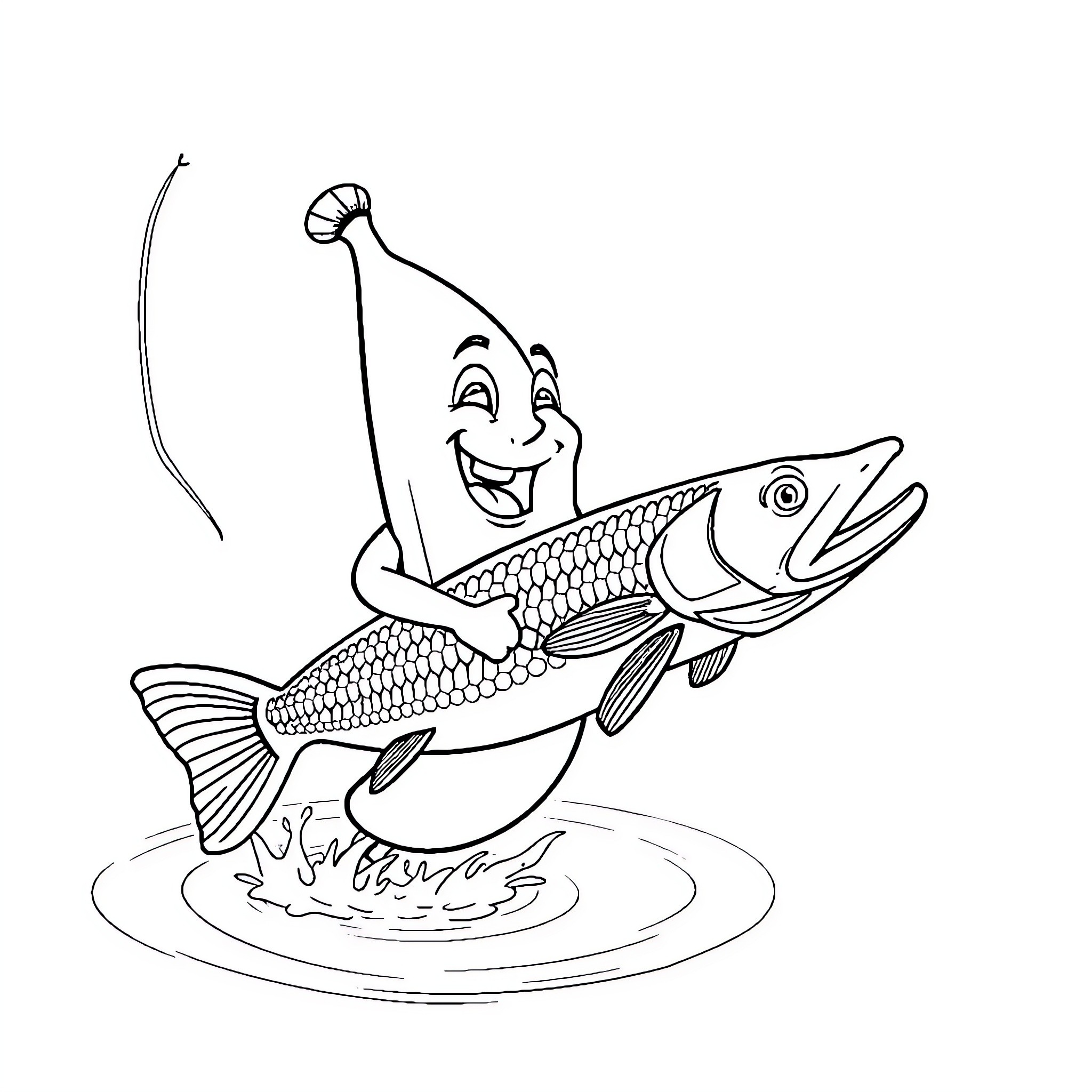 Peely the Fishing Peach Enjoys a Catch Coloring Page (free black-and-white line drawing printable PDF for all, from beginners to advanced learners, including children, teens, adults, and seniors)