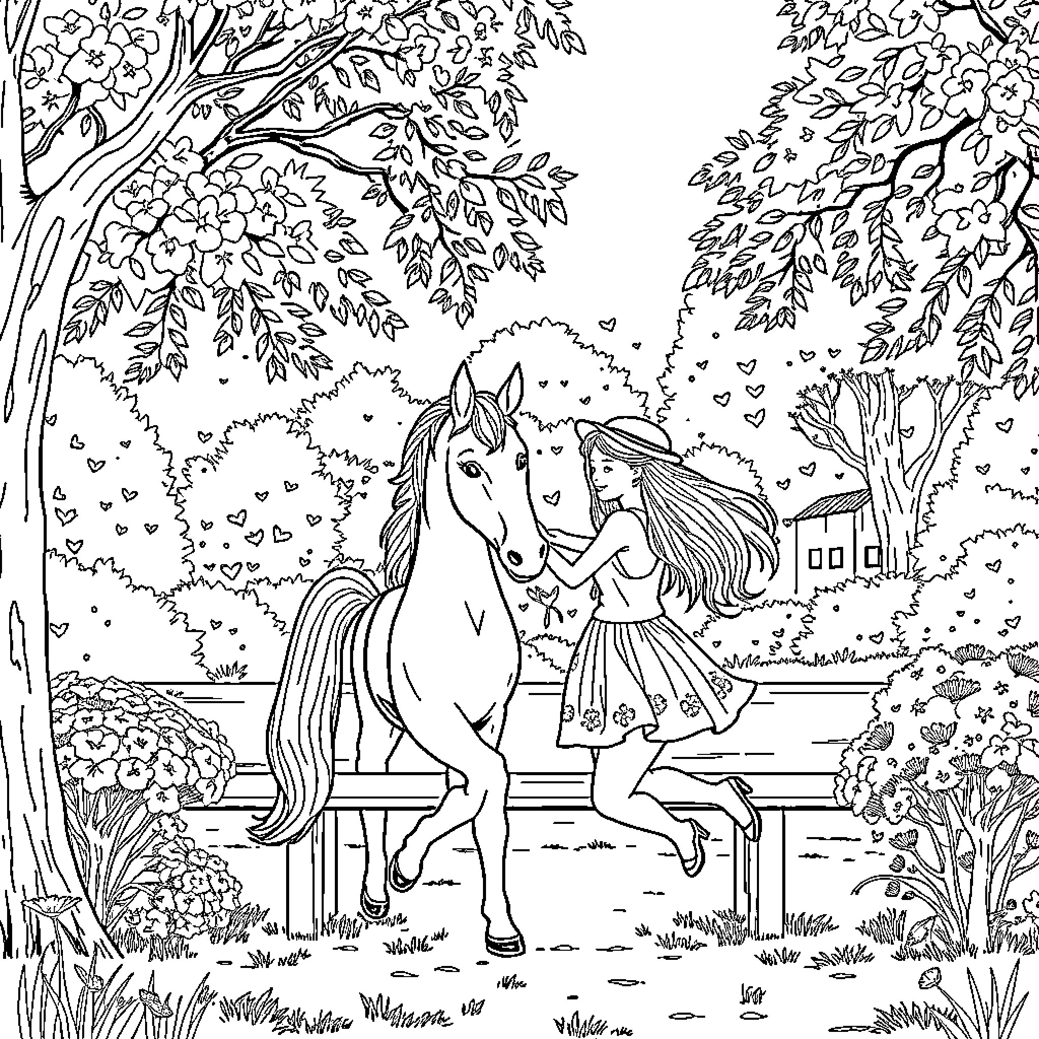Ami's Enchanting Encounter with a Magical Horse Coloring Page (free black-and-white line drawing printable PDF for all, from beginners to advanced learners, including children, teens, adults, and seniors)