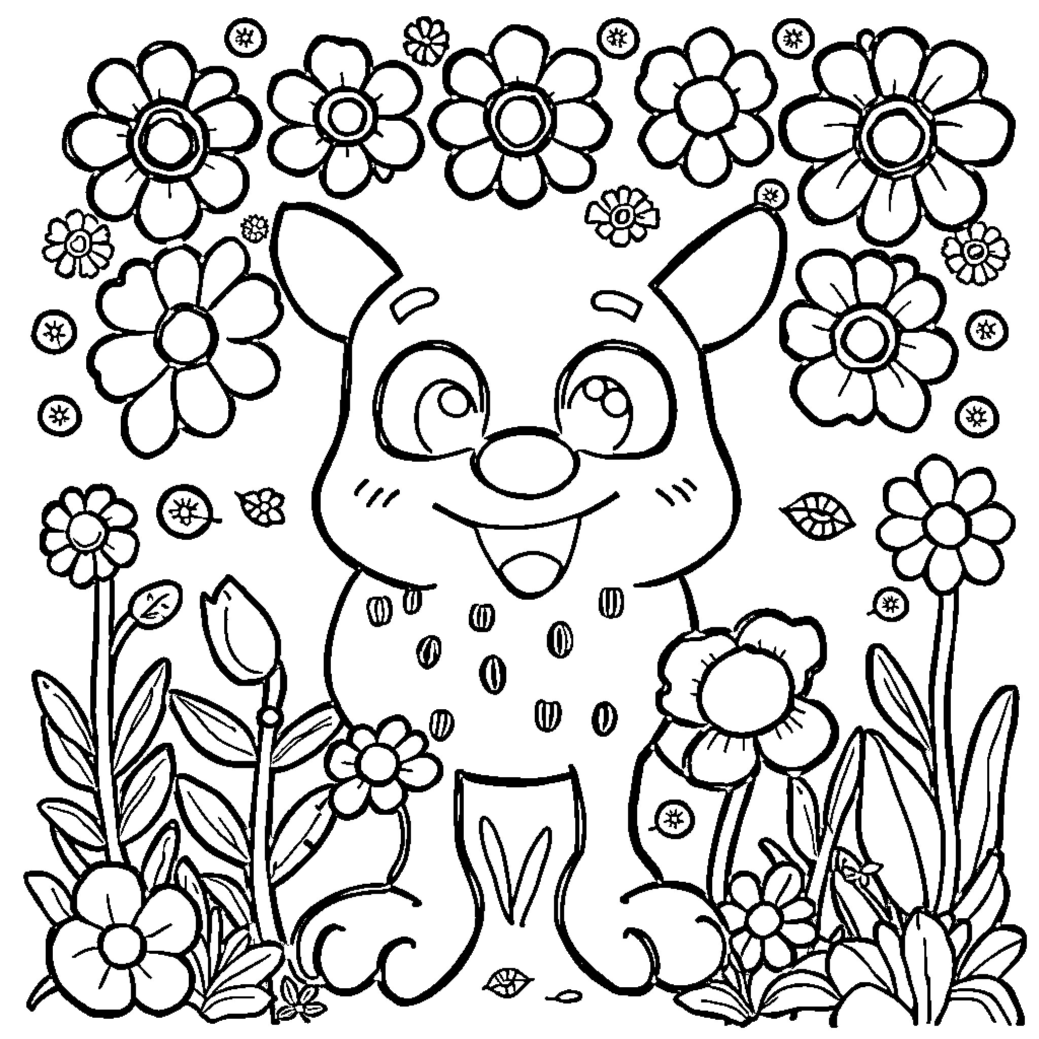 Cartoon animal playing amidst flowers Coloring Page (free black-and-white line drawing printable PDF for all, from beginners to advanced learners, including children, teens, adults, and seniors)