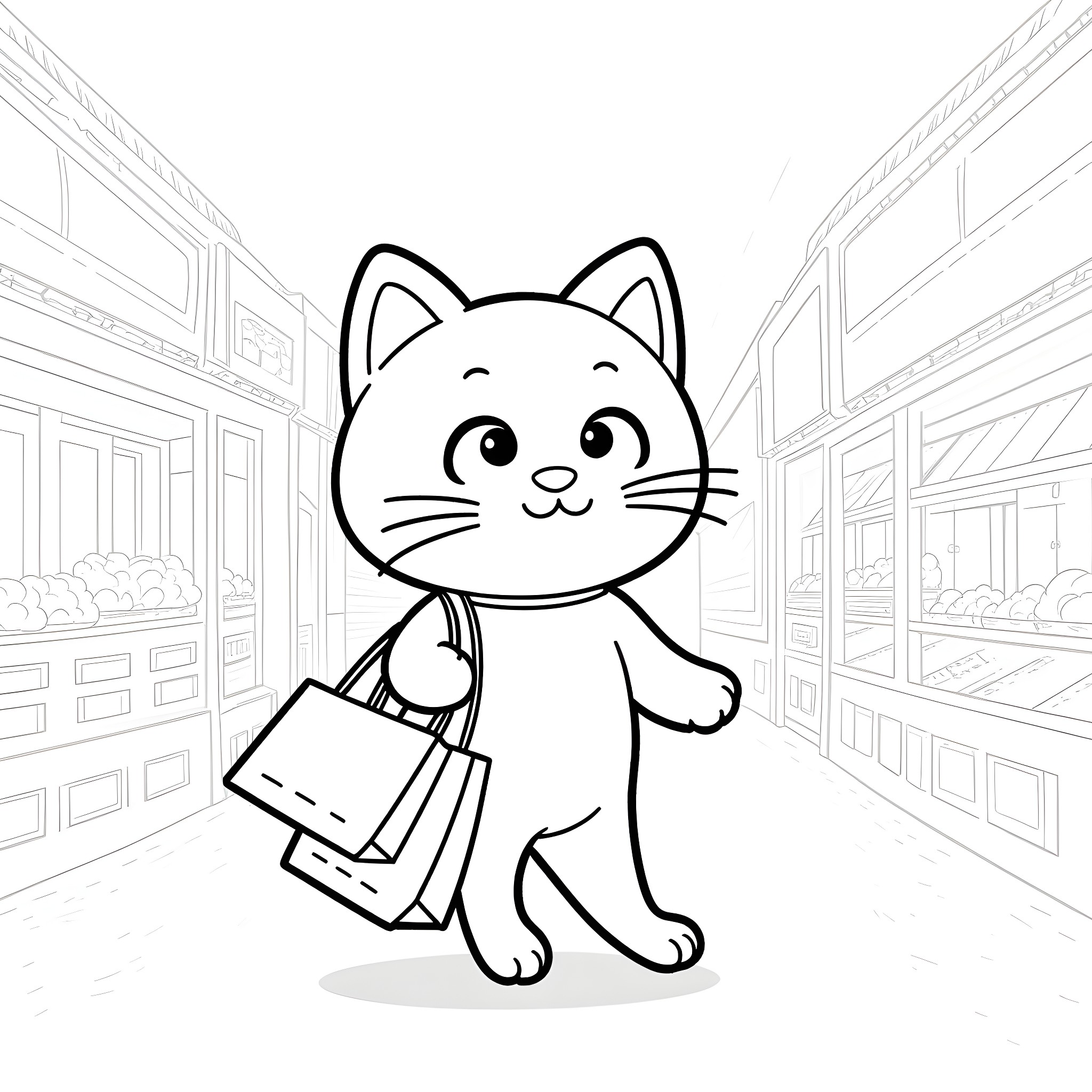 Kitty shopping happily with grocery bag Coloring Page (free black-and-white line drawing printable PDF for all, from beginners to advanced learners, including children, teens, adults, and seniors)