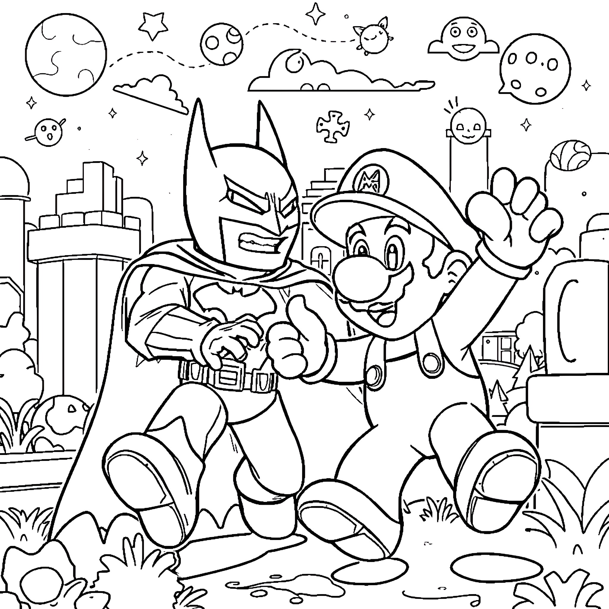 Batman and Mario adventure in the cityscape Coloring Page (free black-and-white line drawing printable PDF for all, from beginners to advanced learners, including children, teens, adults, and seniors)