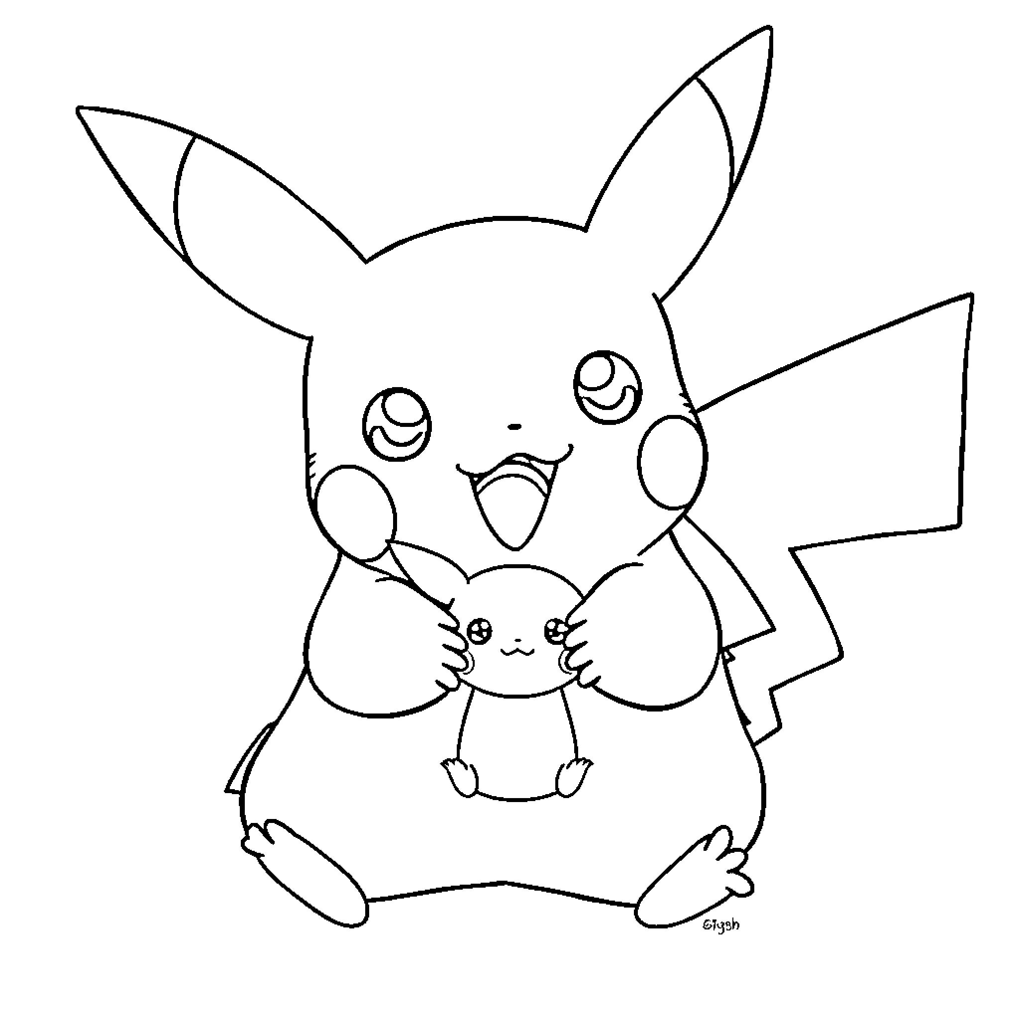 Pikachu playing with a Pokémon friend Coloring Page (free black-and-white line drawing printable PDF for all, from beginners to advanced learners, including children, teens, adults, and seniors)
