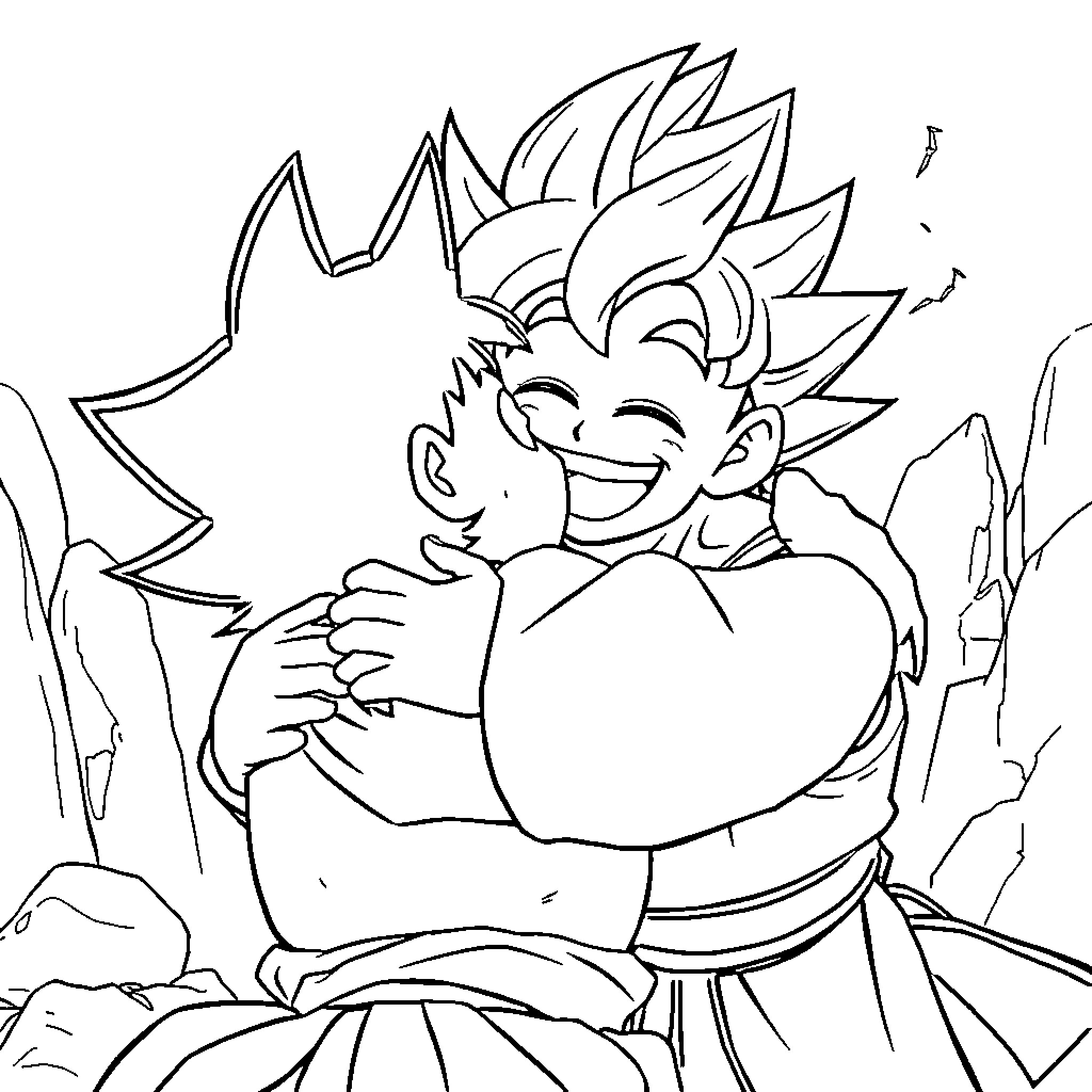 Songoku happily embracing heart-shaped object Coloring Page (free black-and-white line drawing printable PDF for all, from beginners to advanced learners, including children, teens, adults, and seniors)
