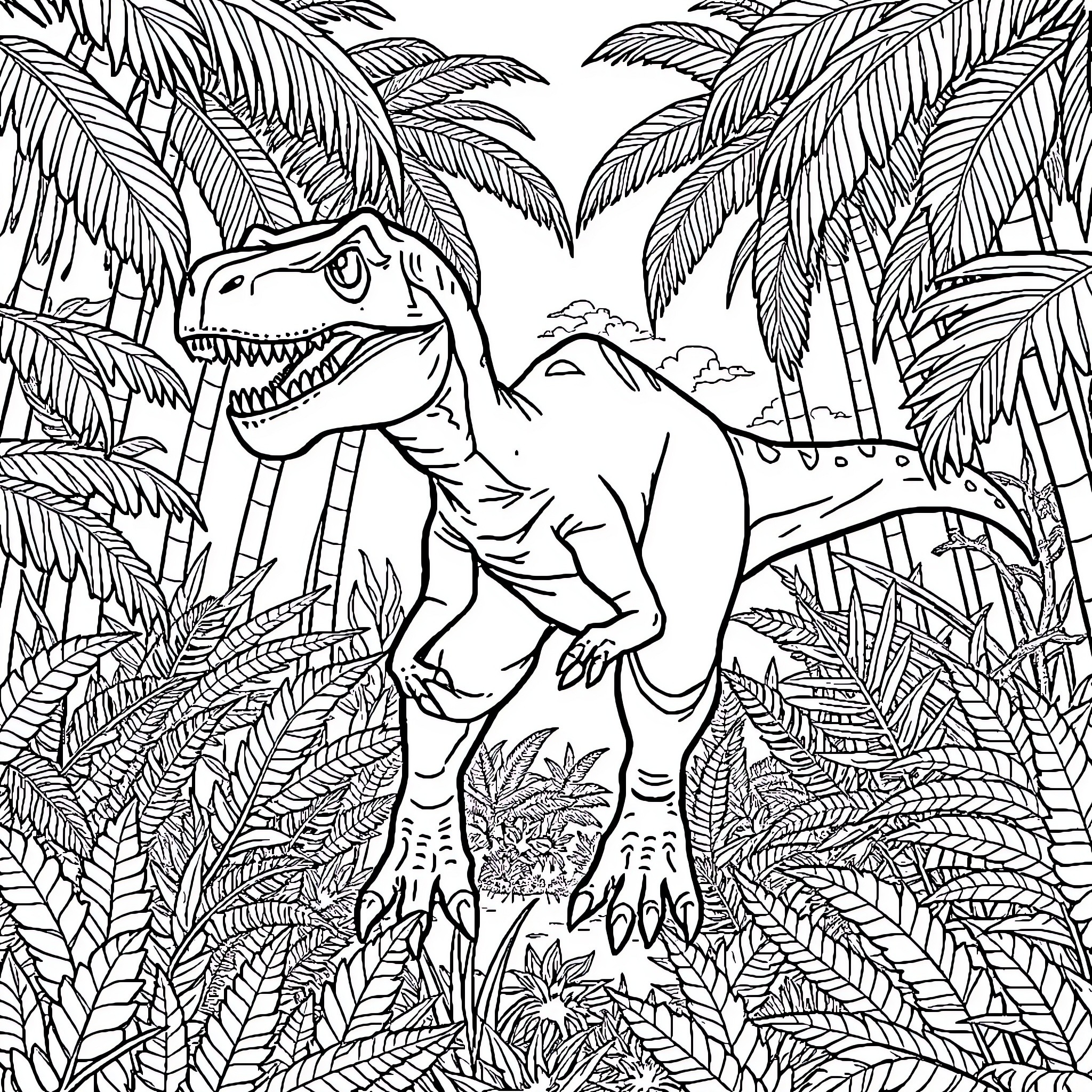 Velociraptor exploring the prehistoric jungle Coloring Page (free black-and-white line drawing printable PDF for all, from beginners to advanced learners, including children, teens, adults, and seniors)