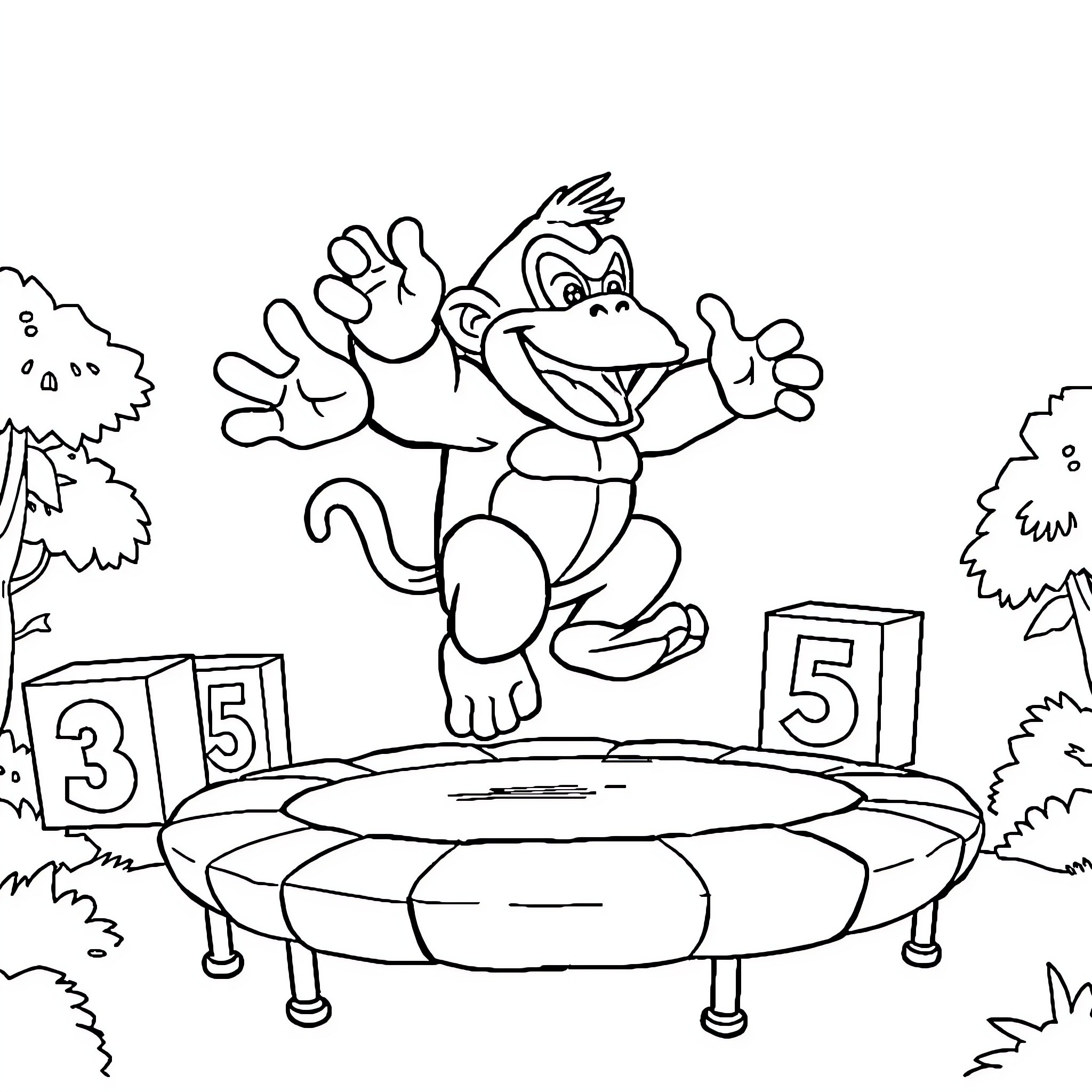 Donkey Kong jumping on trampoline in outdoor scene Coloring Page (free black-and-white line drawing printable PDF for all, from beginners to advanced learners, including children, teens, adults, and seniors)