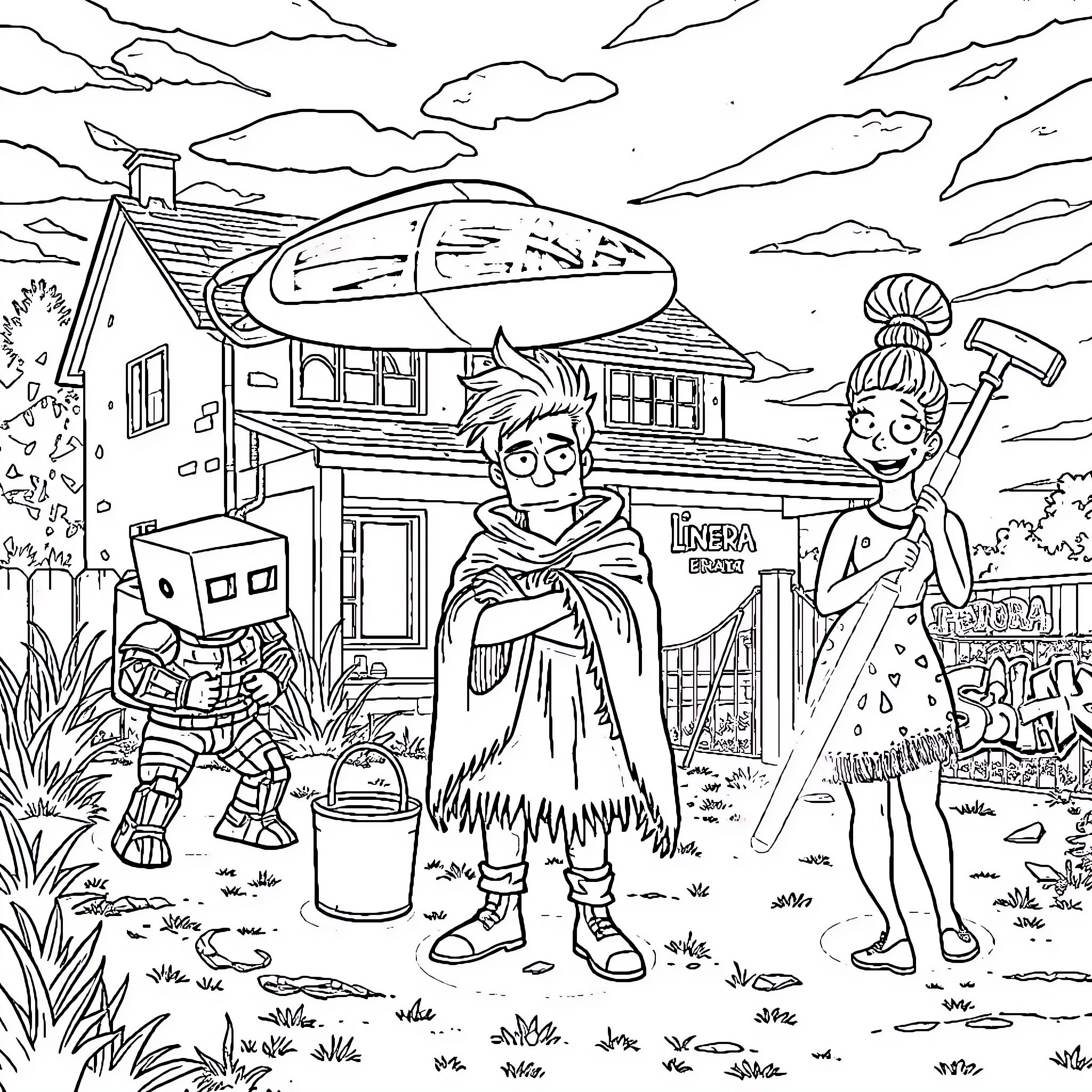 Character explores a mysterious alien town Coloring Page (free black-and-white line drawing printable PDF for all, from beginners to advanced learners, including children, teens, adults, and seniors)