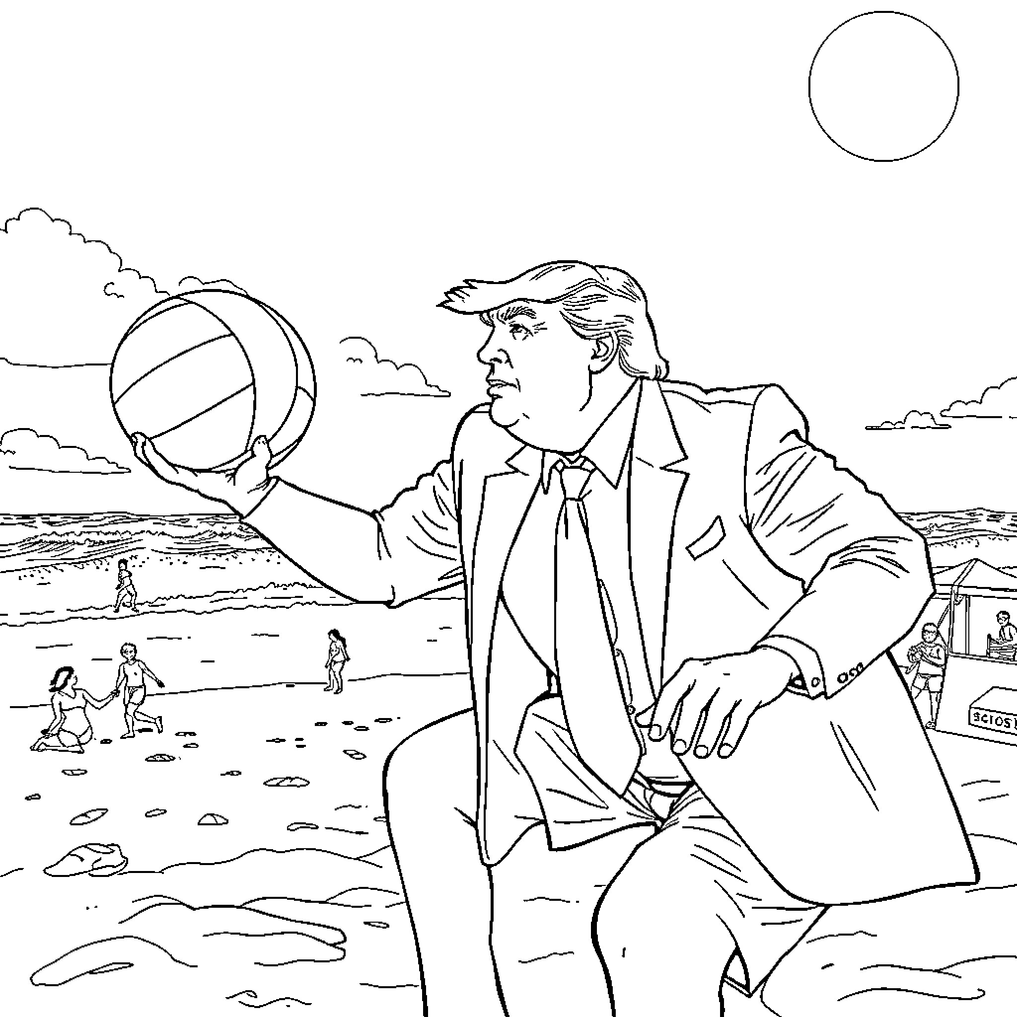 Donald Trump relaxing on the beach with a beach ball Coloring Page (free black-and-white line drawing printable PDF for all, from beginners to advanced learners, including children, teens, adults, and seniors)