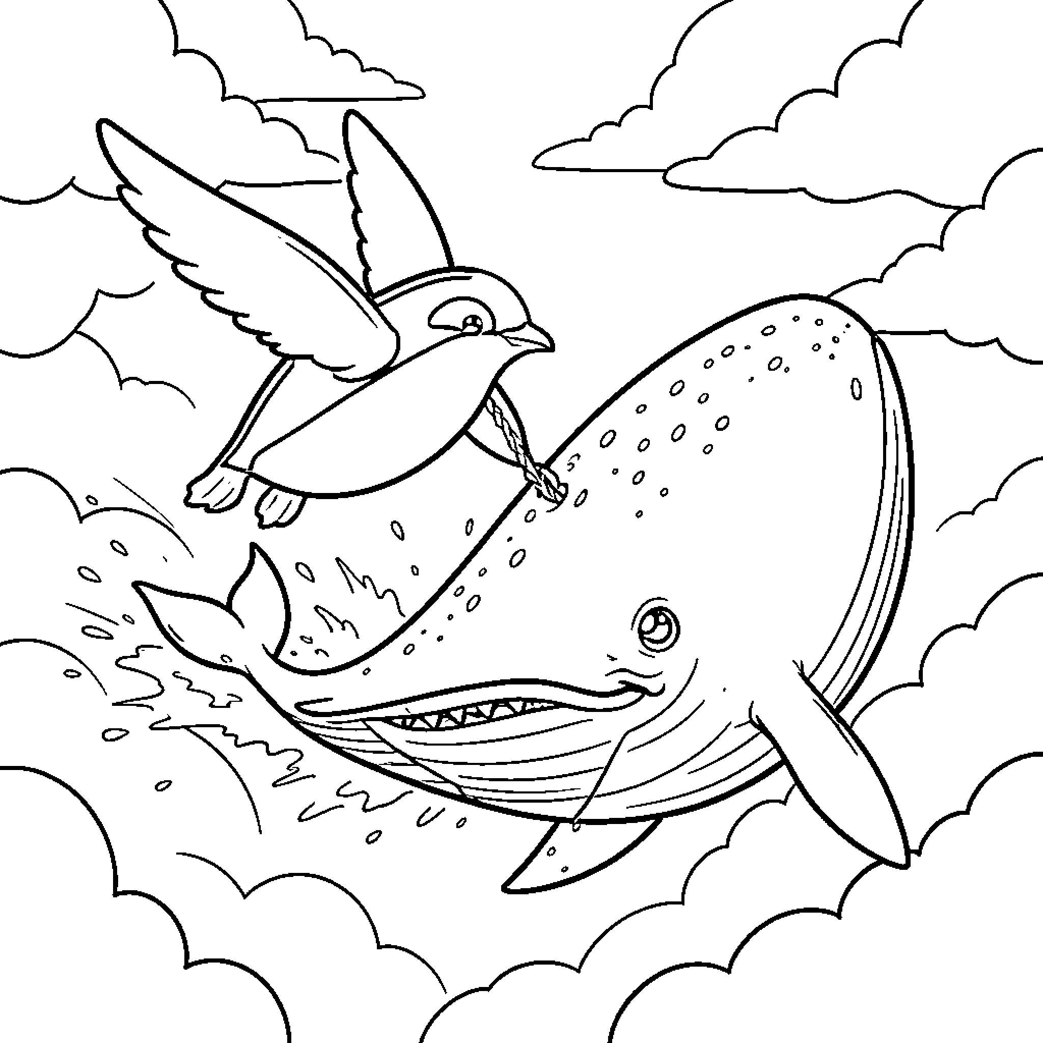 Penguin bird flying alongside a smiling whale in clouds Coloring Page (free black-and-white line drawing printable PDF for all, from beginners to advanced learners, including children, teens, adults, and seniors)