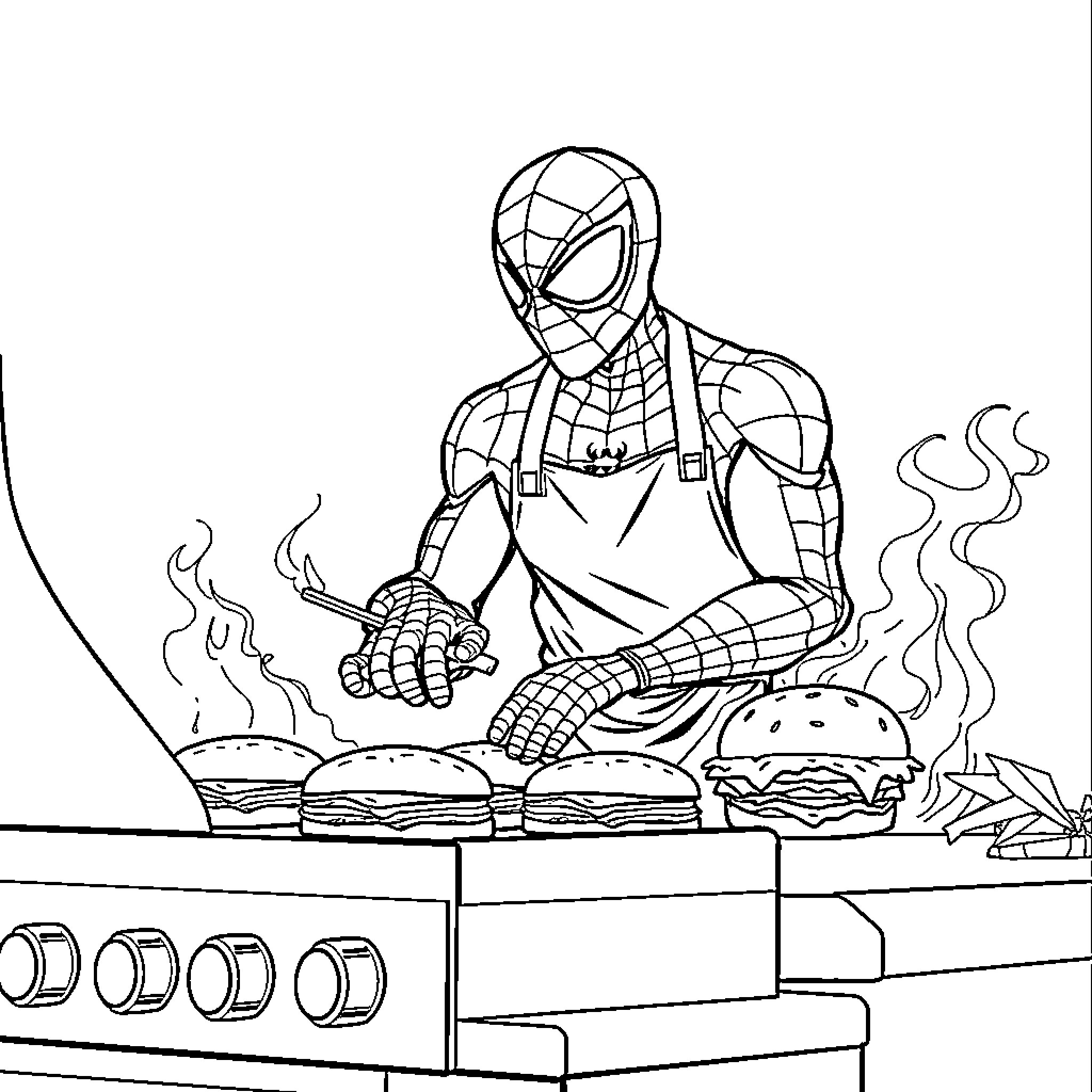 Spiderman cooking up a storm in the kitchen Coloring Page (free black-and-white line drawing printable PDF for all, from beginners to advanced learners, including children, teens, adults, and seniors)